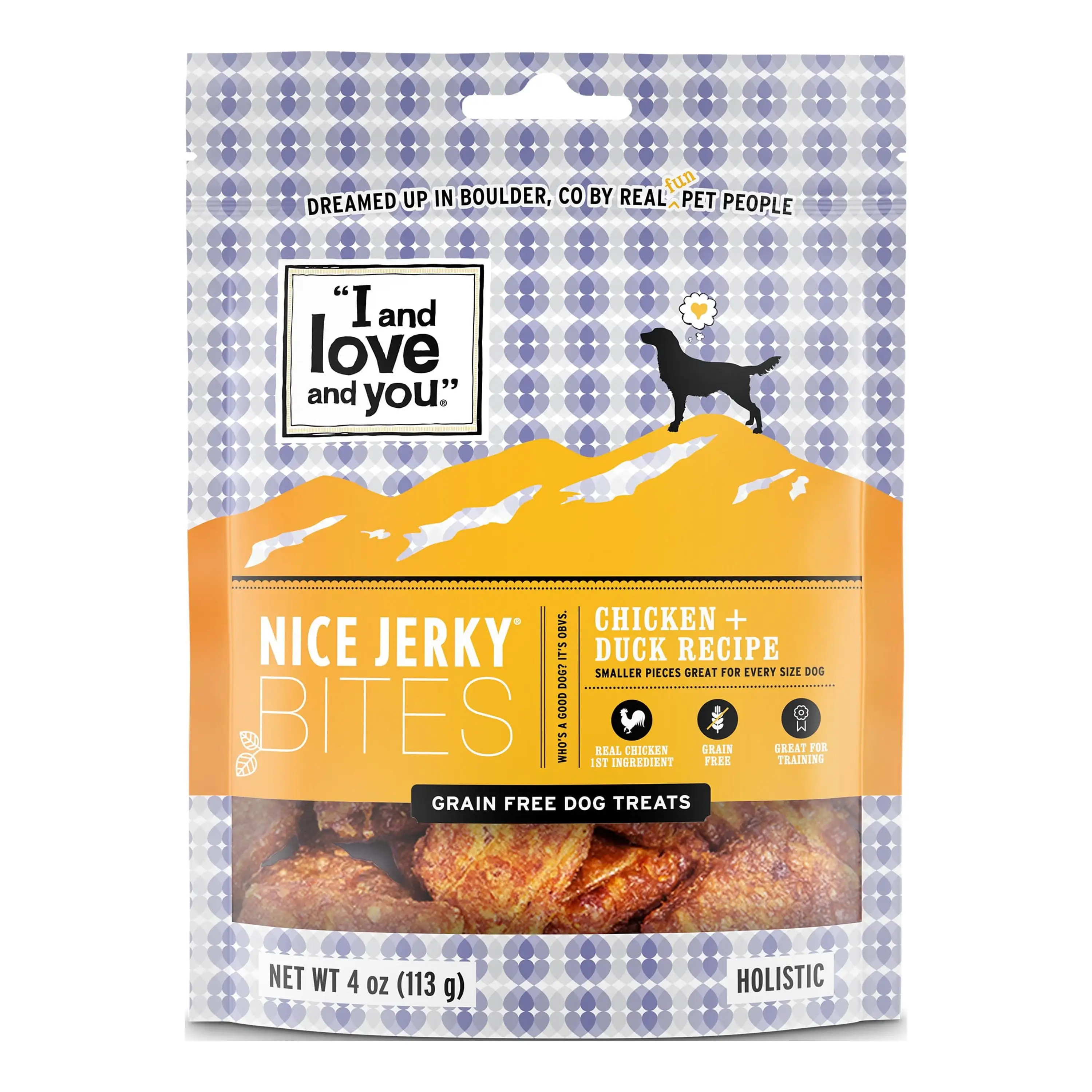 I and love and you Nice Jerky Bites Dog Treats. Grain-Free Chicken + Duck. 4 Oz