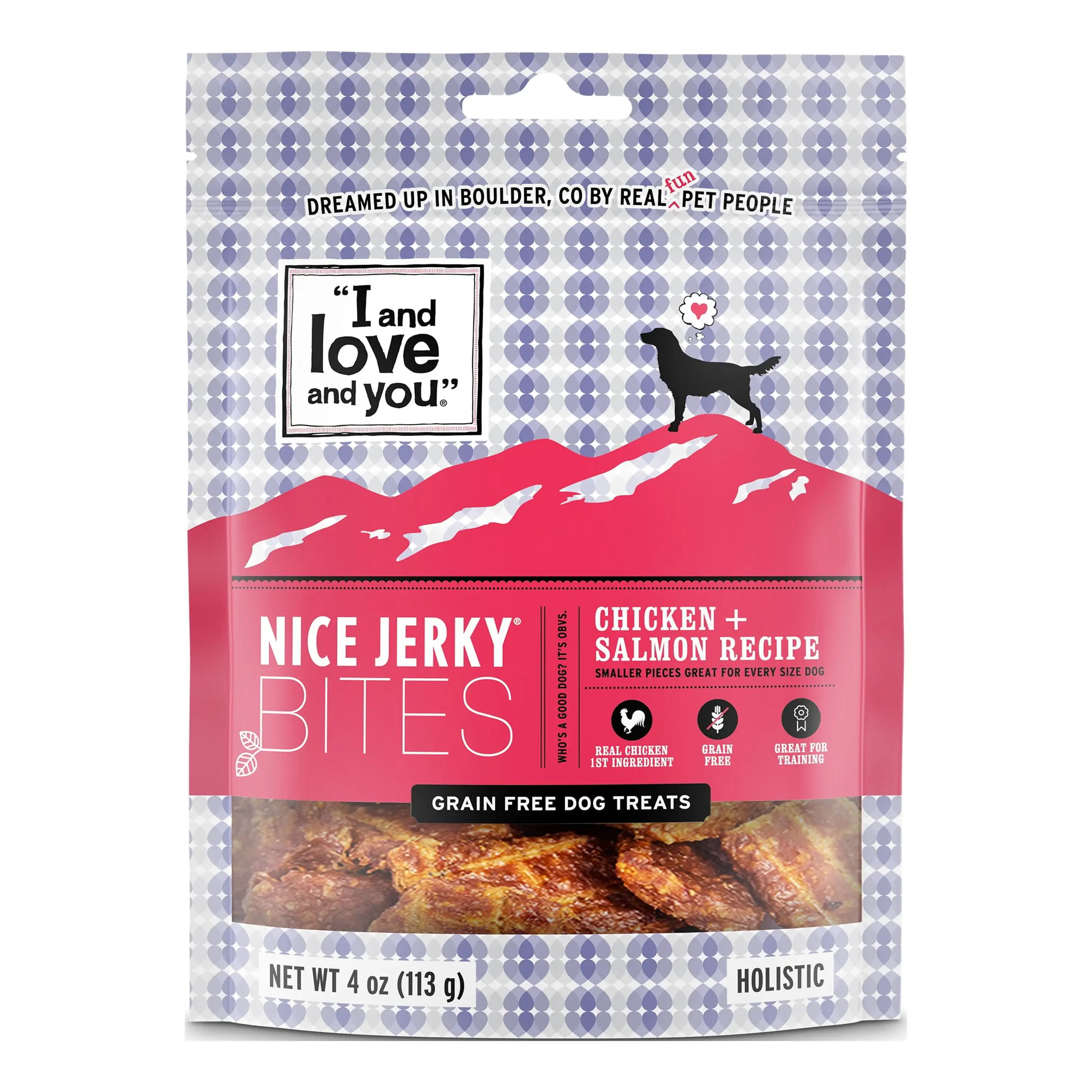 I and love and you Nice Jerky Bites Dog Treats. Grain-Free Chicken and Salmon. 4 Oz