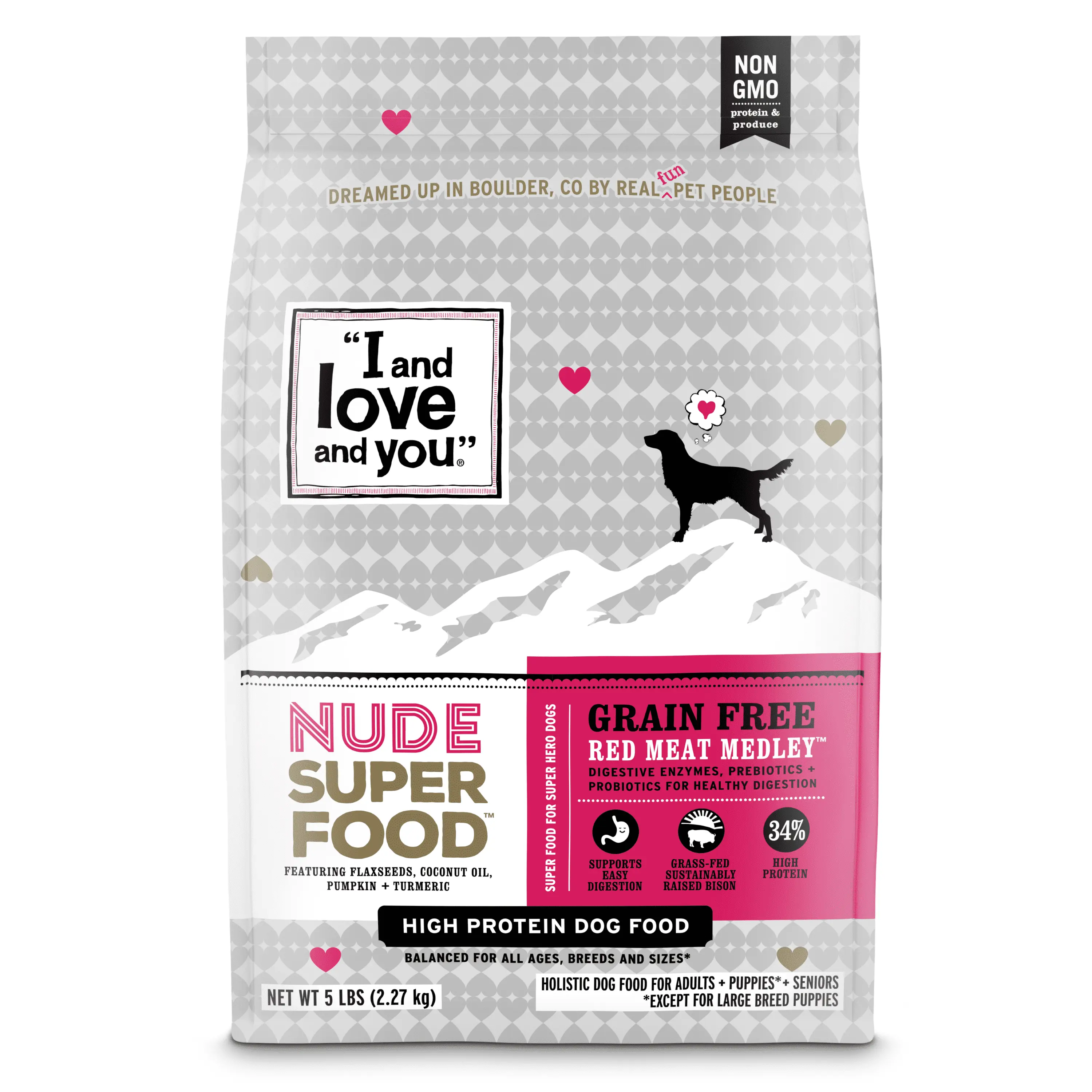 I and love and you Nude Superfood Dry Dog Food. Red Meat Medley. Pork and Wild Boar Recipe. High Protein. Digestive Support. Grain Free. Real Meat. No Fillers. 5 Lb Bag