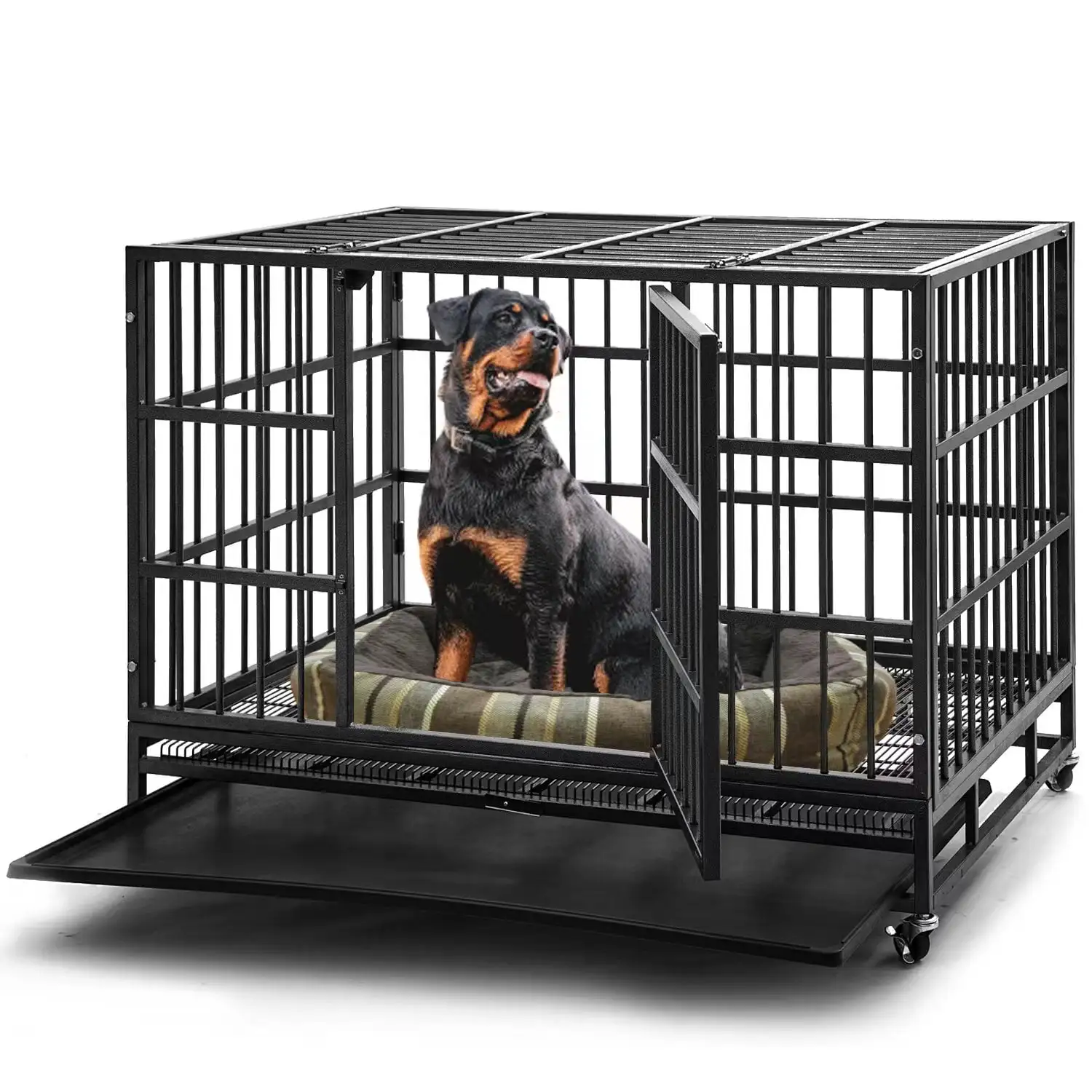 ICLBC 48 inch Heavy Duty Dog Crate.Large Metal Escape Proof Dog Cage Kennel.Indestructible high Anxiety Dog Crate for Outdoor and Indoor with Lock. Double Door & Removable Tray. Black