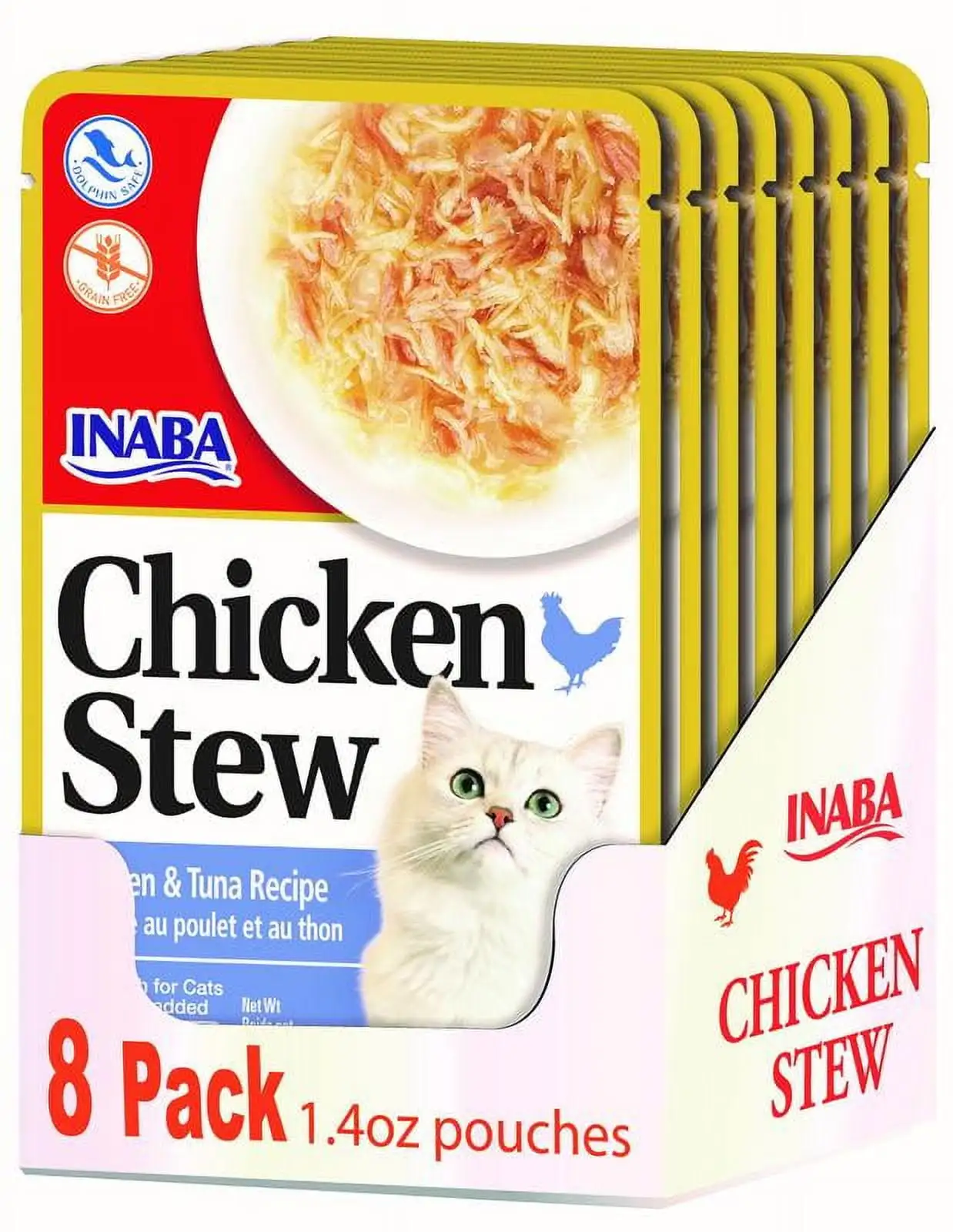 INABA Chicken Stew Complement/Topper/Treat for Cats. Eight 14 oz Pouches. Chicken & Tuna