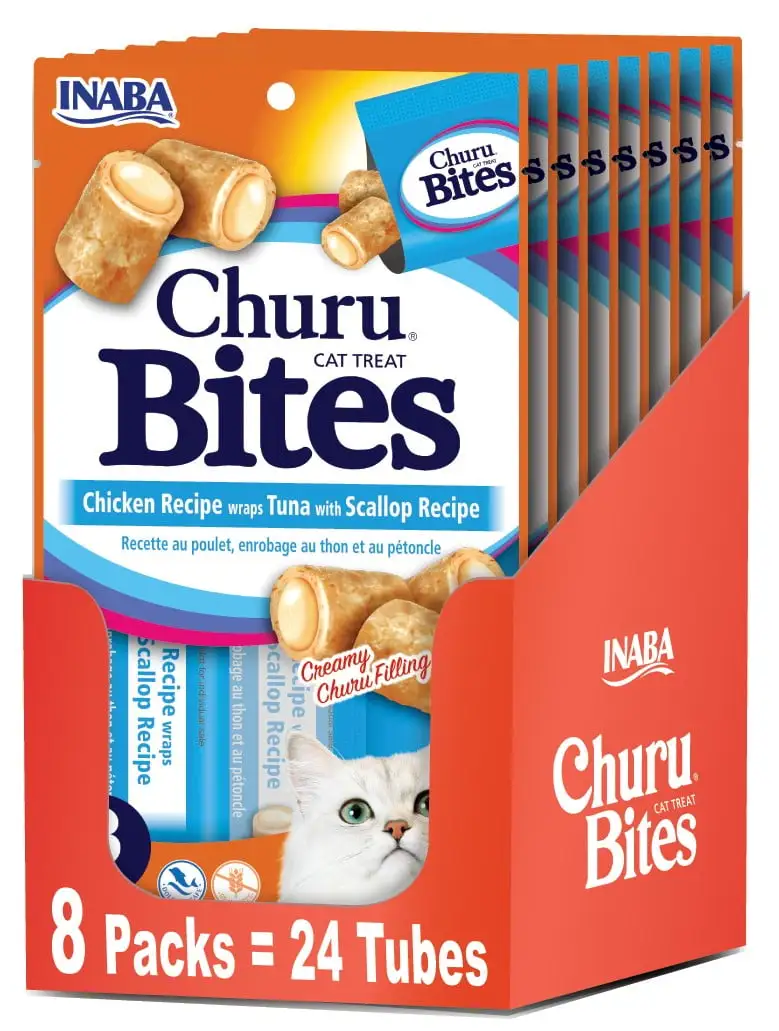 INABA Churu Bites. Soft Cat Treats. 0.35 oz Tube. 24 Tubes. Tuna with Scallop