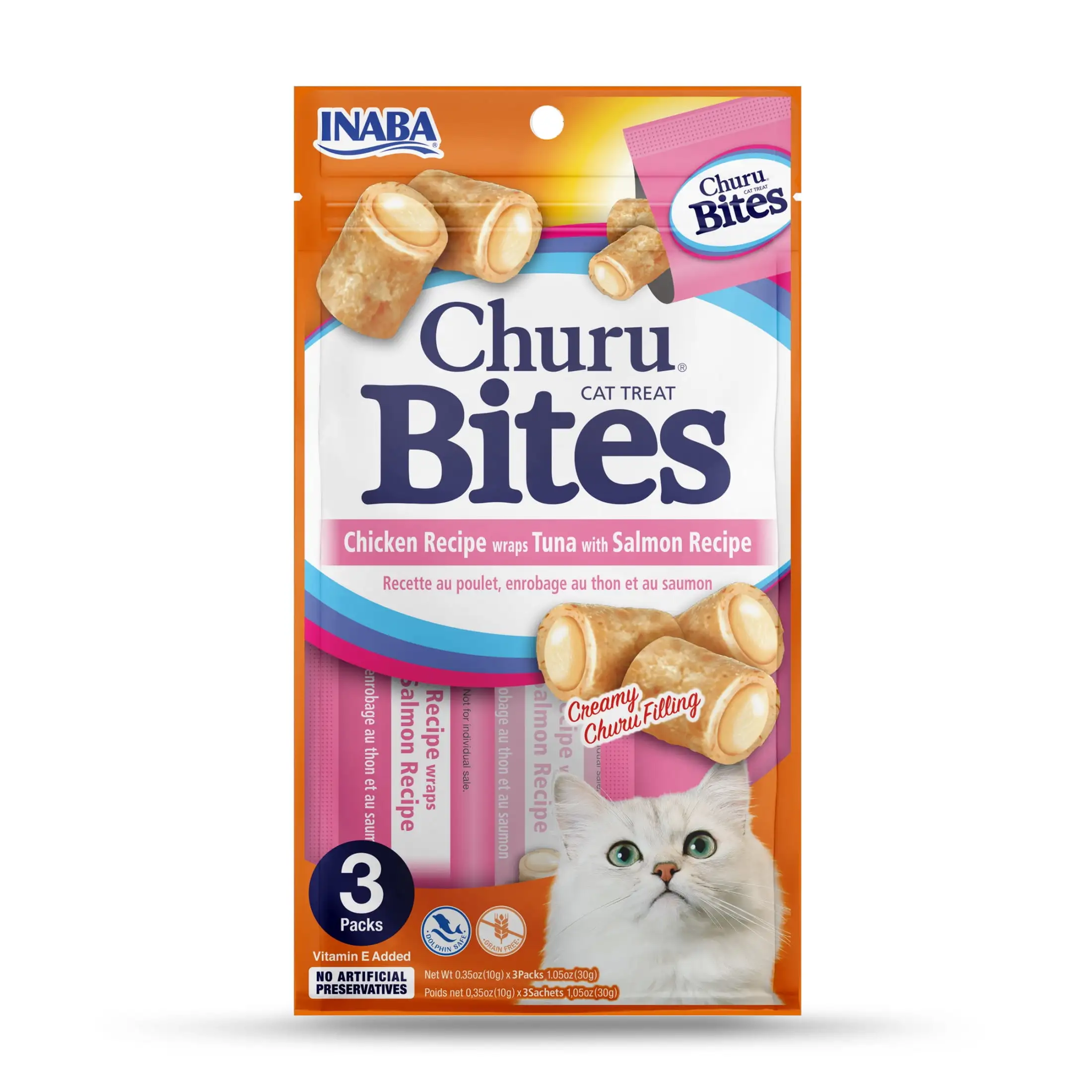 INABA Churu Bites. Soft Cat Treats. 0.35 oz Tube. 3 Tubes. Tuna with Salmon