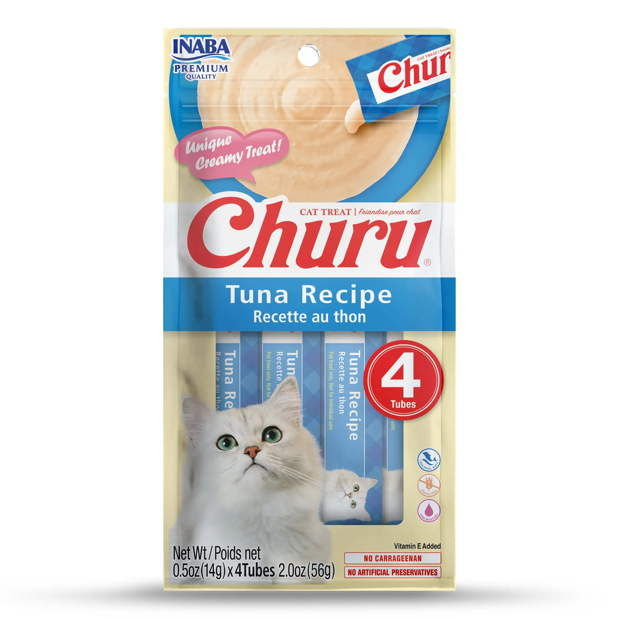 INABA Churu Cat Treats. Grain-Free. Lickable. Squeezable Creamy Pur??e Cat Treat/Topper with Vitamin E & Taurine 0.5 Ounces Each Tube. 4 Tubes. Tuna Recipe