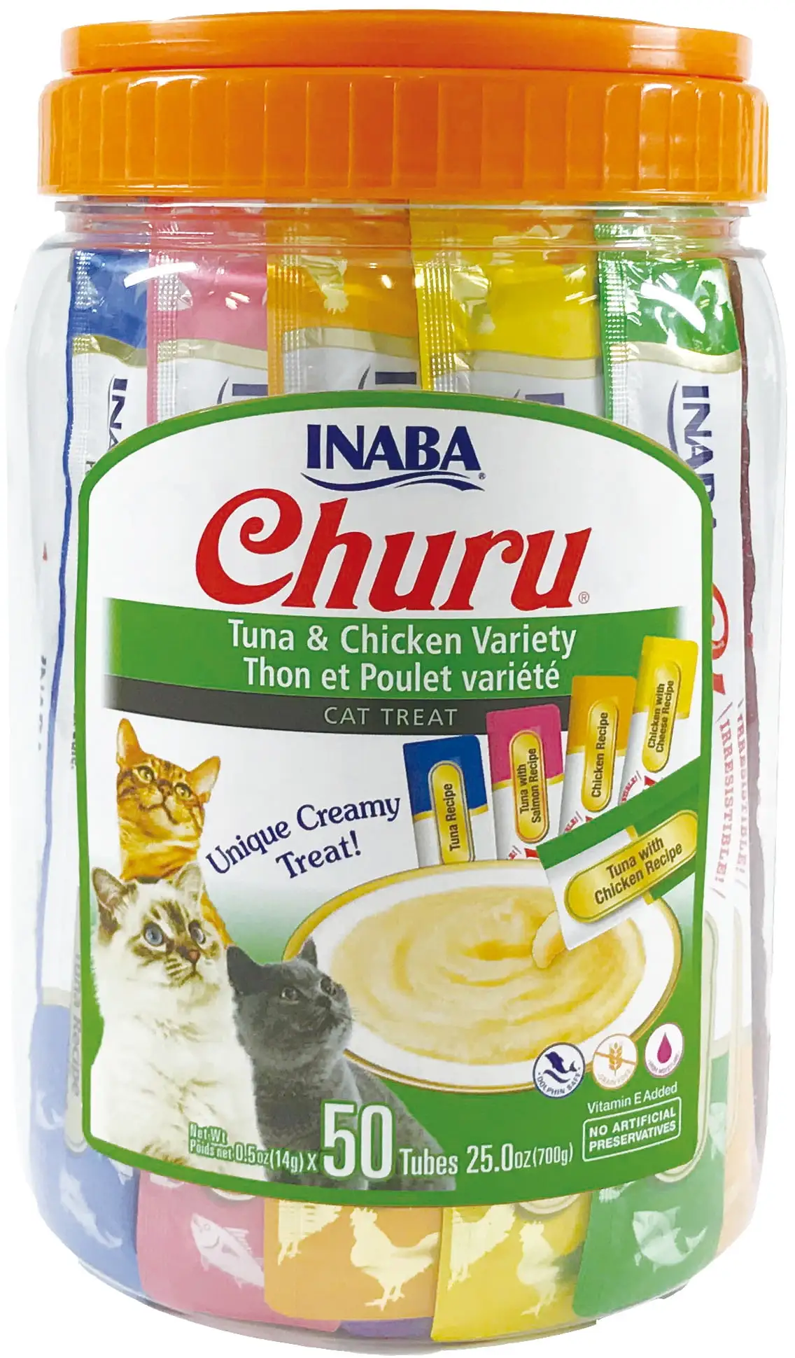 INABA Churu Cat Treats. Grain-Free. Lickable. Squeezable Creamy Pur??e Cat Treat/Topper with Vitamin E & Taurine 0.5 Ounces Each Tube. 50 Tubes. Tuna & Chicken Variety