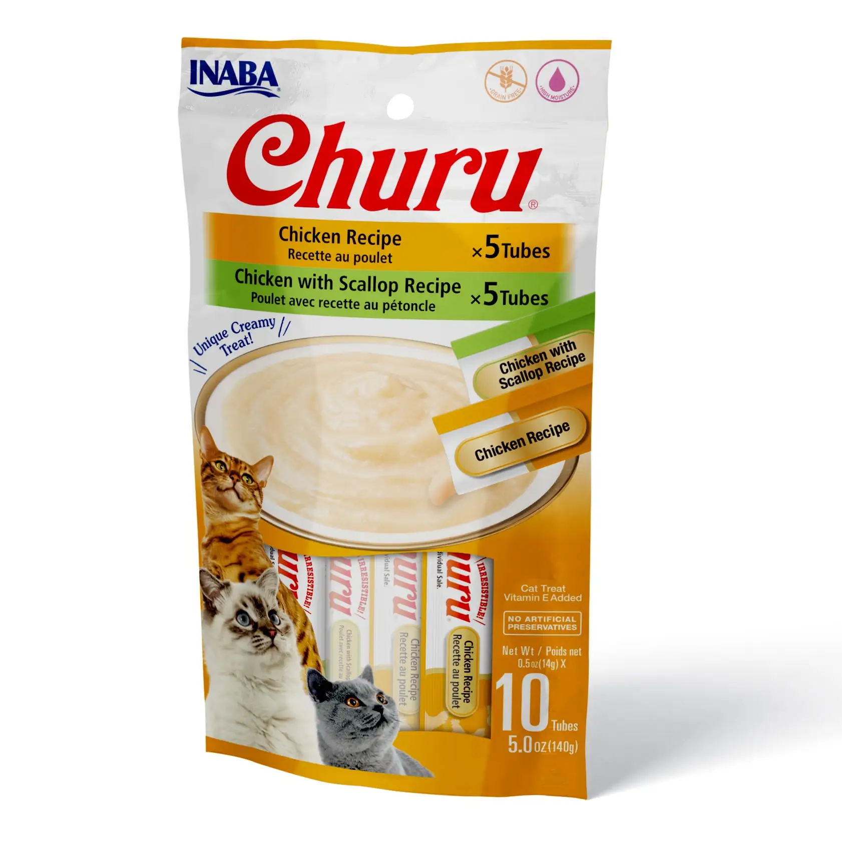 INABA Churu Creamy. Lickable Pur??e Cat Treat w Taurine. 0.5 oz. 10 Tubes (2 Flavor). Chicken Variety