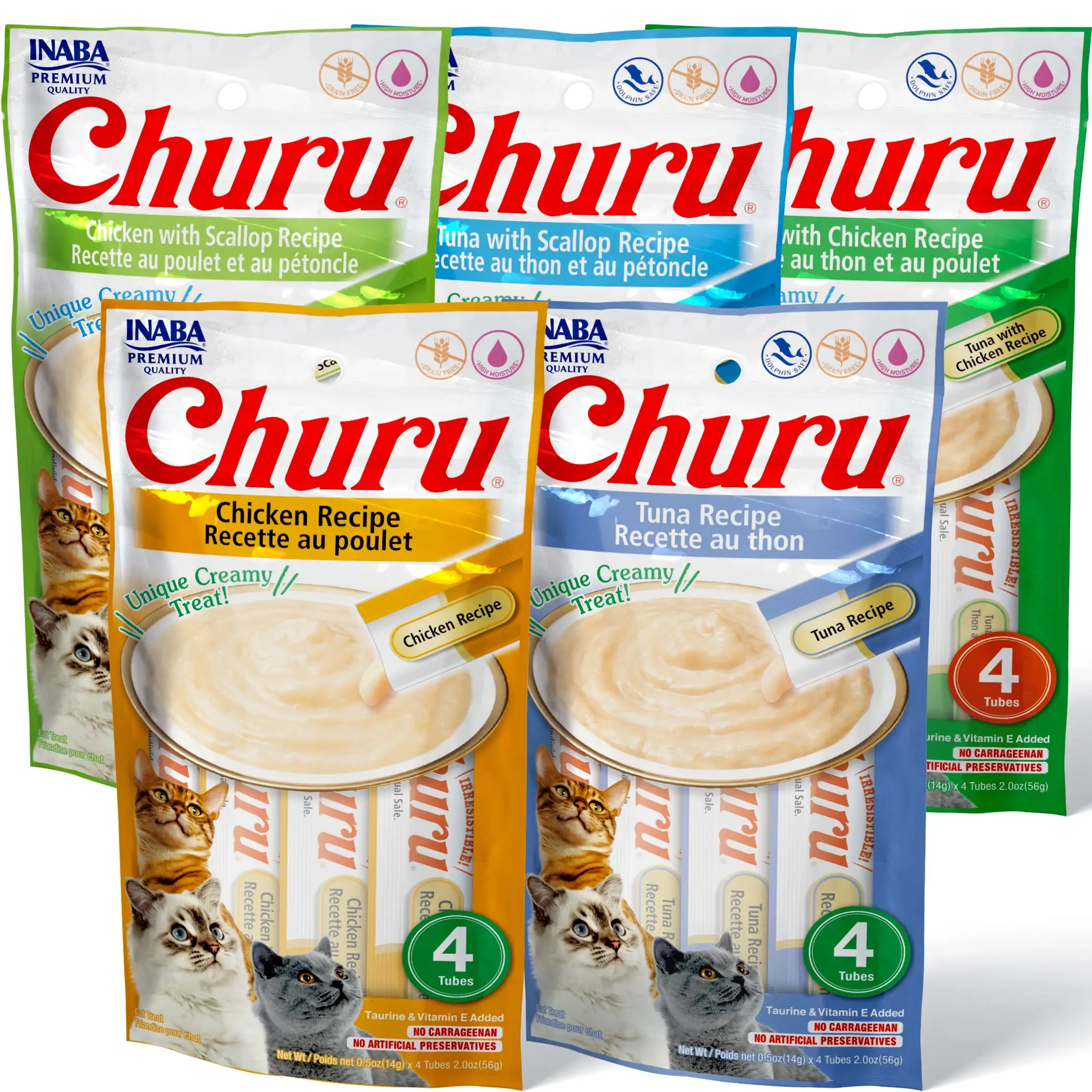 INABA Churu Creamy. Lickable Pur??e Cat Treat w Taurine. 0.5 oz. 20 Tubes. Tuna & Chicken Variety