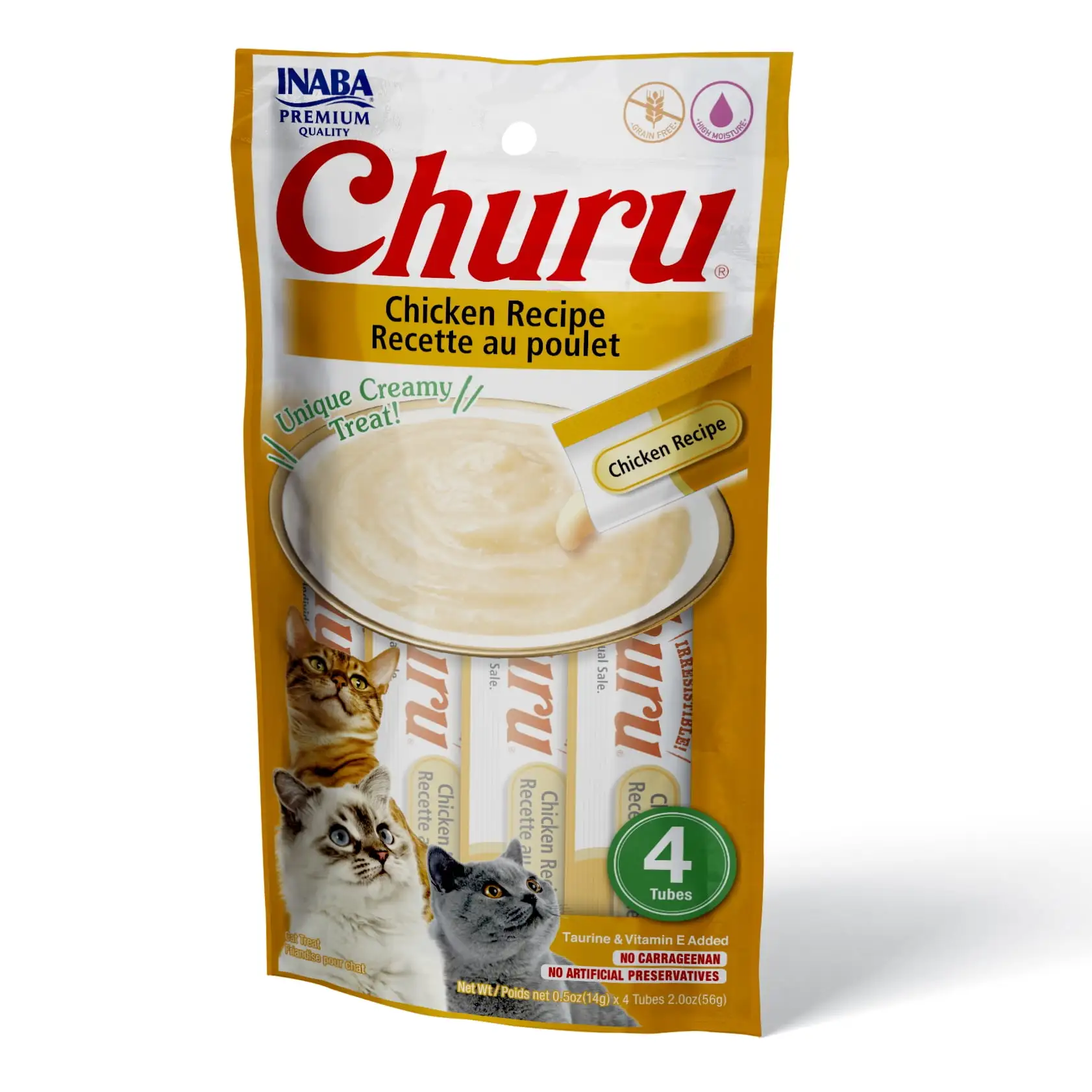 INABA Churu Creamy. Lickable Pur??e Cat Treat with Taurine. 0.5 oz. 4 Tubes. Chicken