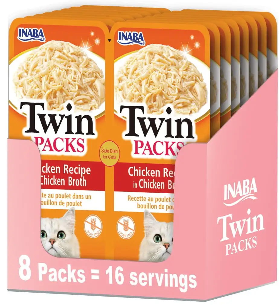 INABA Twin Packs for Cats. Chicken/Gel??e Topper. 1.4 oz/srv. 16 srvs. Chicken in Chicken Broth