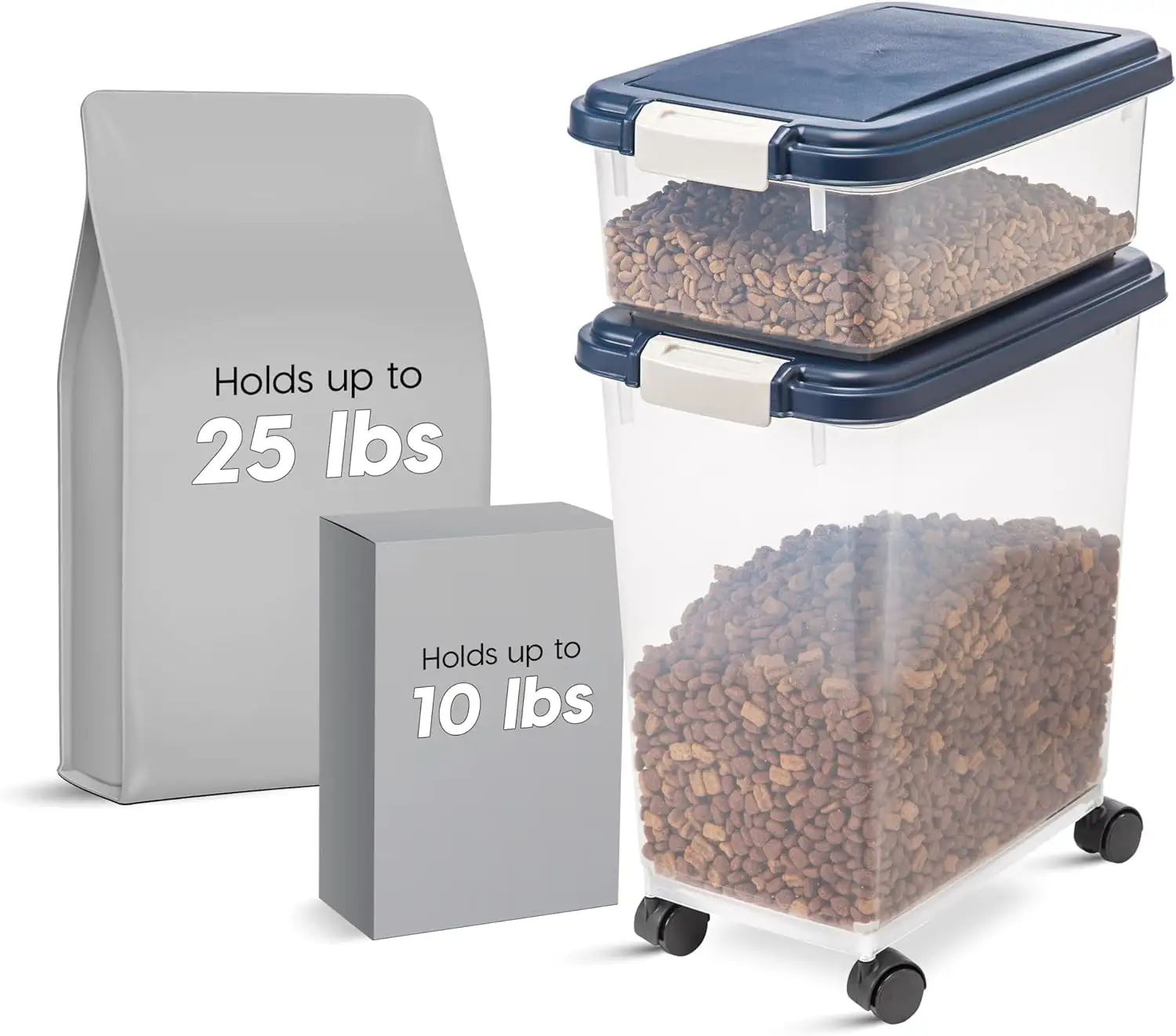 IRIS USA 30 lbs & 11 lbs Combo Airtight Dog Food Storage Container. Stackable Treat Box. Casters. Keep Fresh. Easy Mobility. Navy