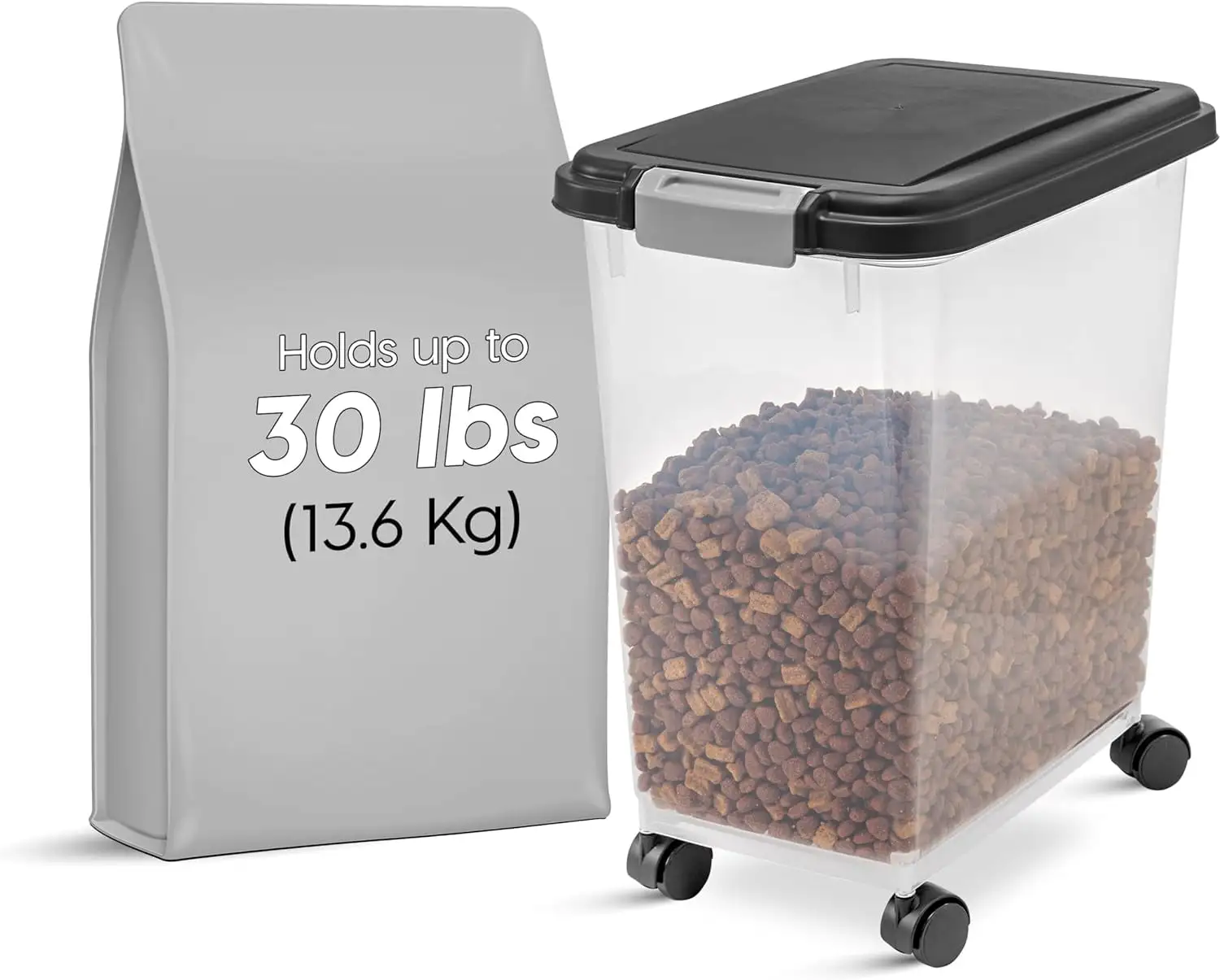 IRIS USA Airtight Dog Food Storage Container. Up to 30 lbs / 33 Qt. Attachable Casters. for Dog Cat Bird and other Pet Food Storage Bin. Keep Fresh. Easy Mobility. BPA Free. Black