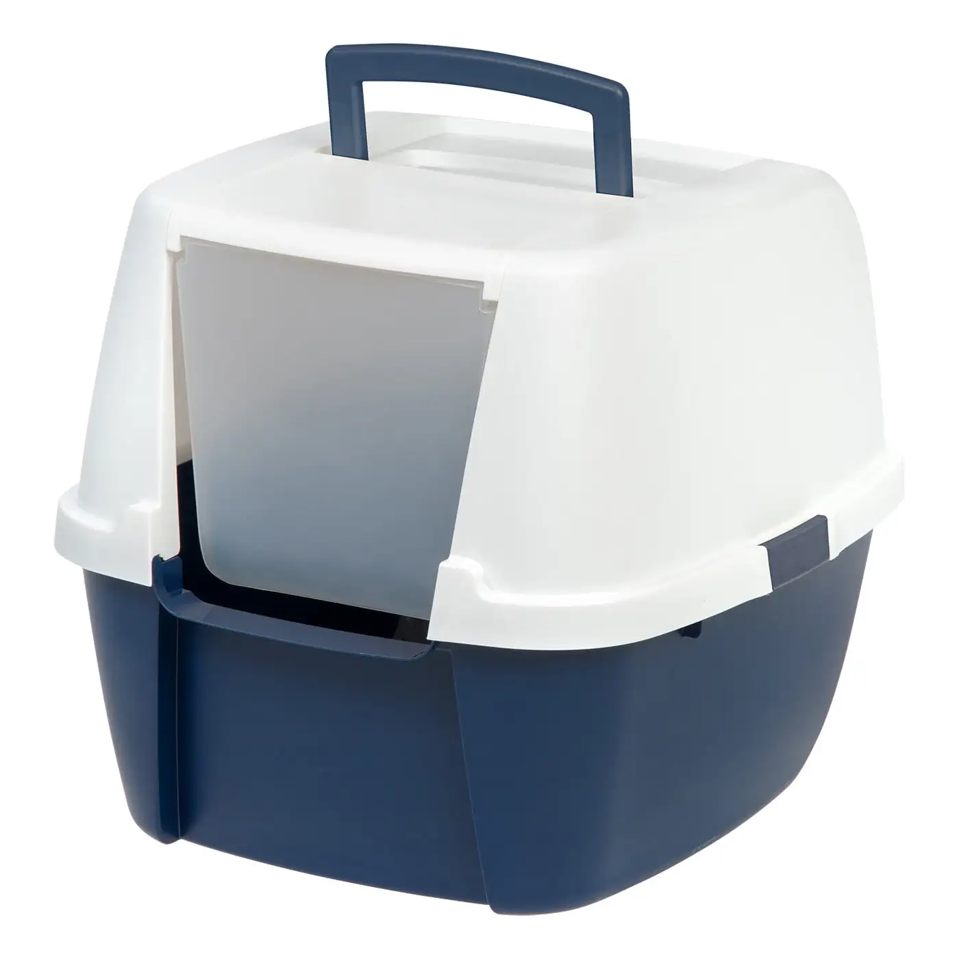 IRIS USA. Jumbo Hooded Cat Litter Box with Carrying Handle and Entry Flap. Large. Navy-White