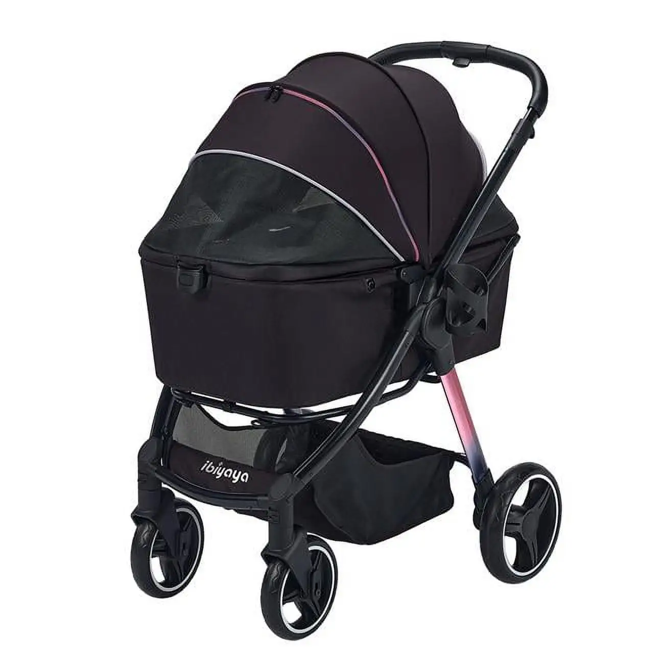 Ibiyaya FS2102-BK Retro Luxe 4-Wheel Luxury Dog-Cat Stroller with Two Openings. Foldable Pet Pram. Prism Black - Medium