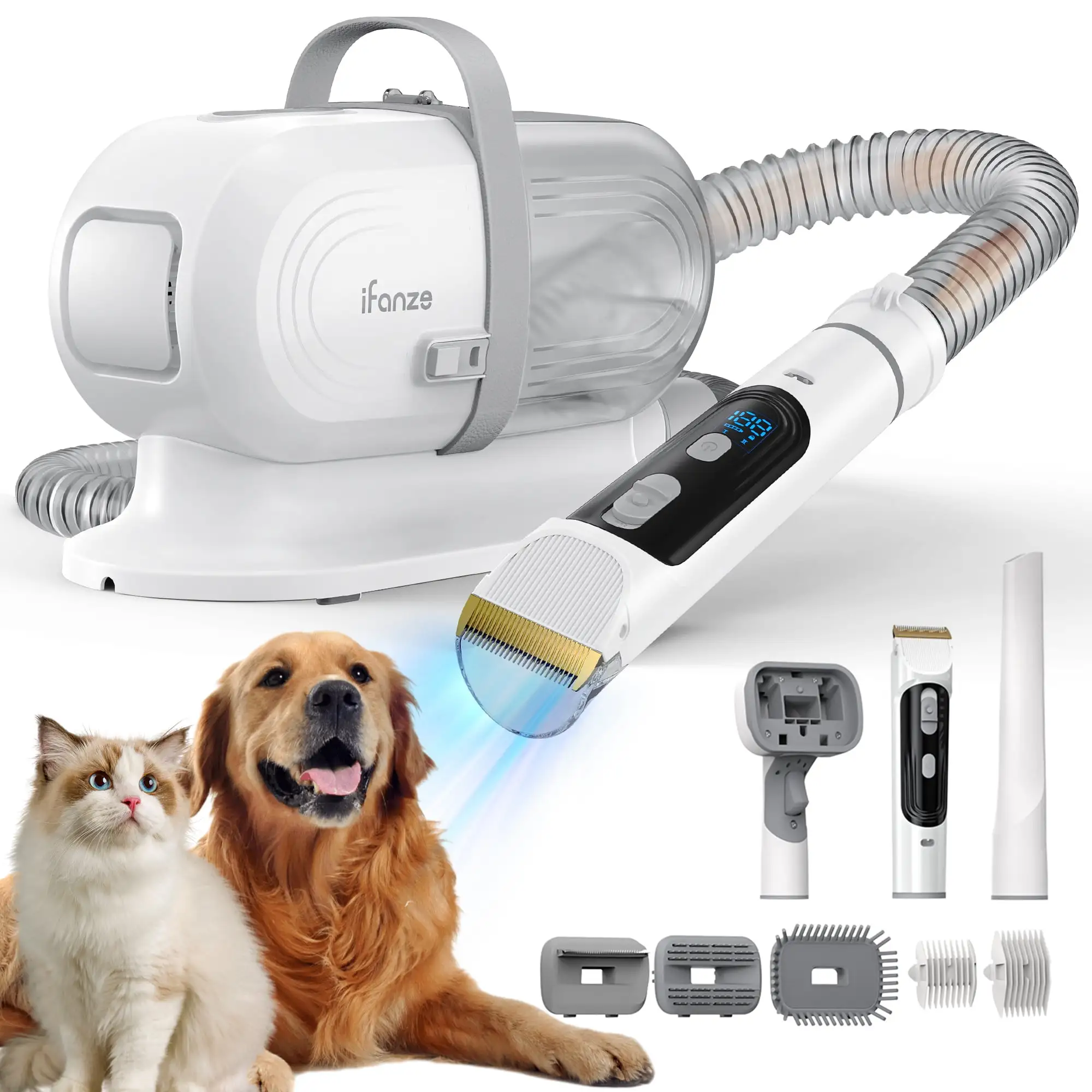 Ifanze 14KPa Dog Grooming Kit & Vacuum. 2.5L Pet Hair Vacuum Suction 99% Pet Hair.3 Modes Suction Dog Grooming Clipper Kit.5 Pet Groomer Tools.Low Noise Pet Shedding Vacuum for Dogs Cats.White