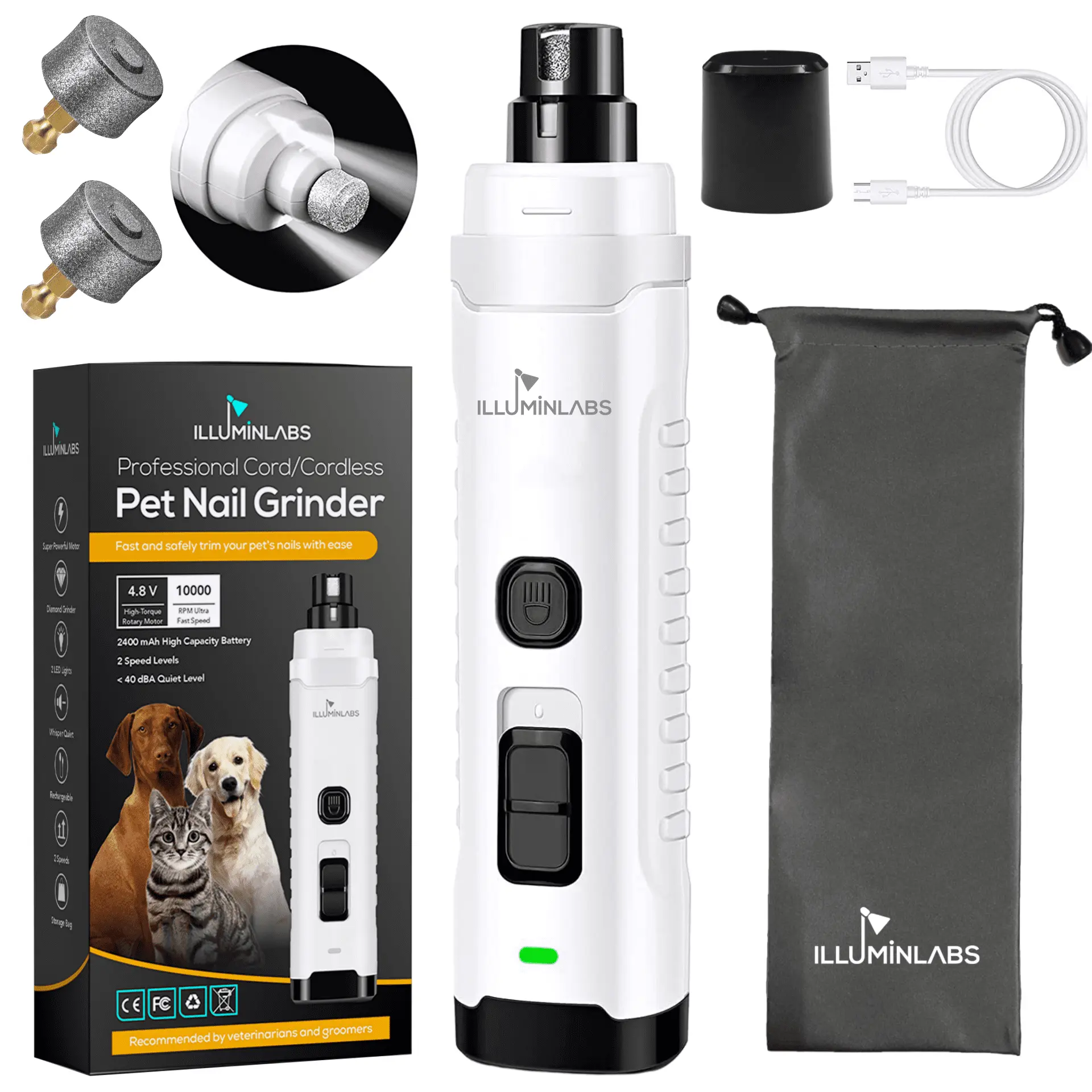 Illuminlabs Dog Nail Grinder.4.8V Heavy-Duty Pet Nail Grinder for Large & Small Dogs/Cats. Durable Diamond Bit. 2 Speeds. 2 LED Lights. Low Noise. Rechargeable Electric Pet Grooming Trimmer & Clipper