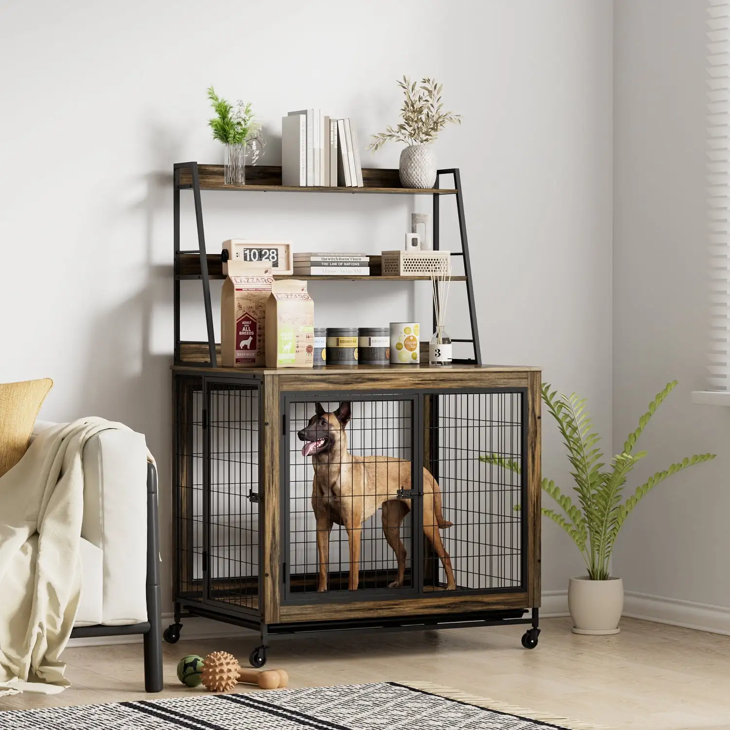 Imerelez Furniture type dog cage iron frame door with cabinet. two door design. Rustic Brown.