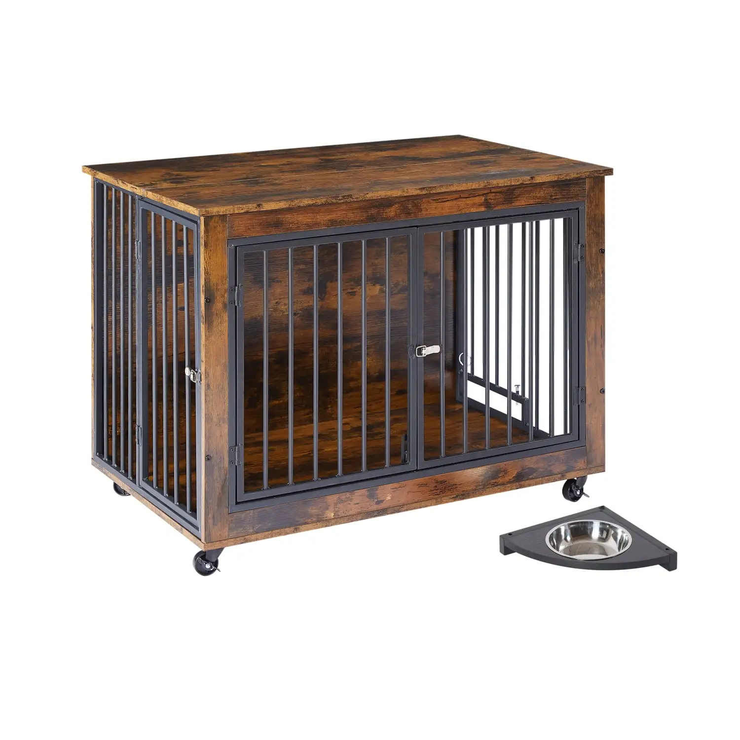 Immere 38.58' Dog Crate Furniture Chew-Resistant Pet House with Rotatable Bowl. Wheels. Three Doors. Rustic Brown