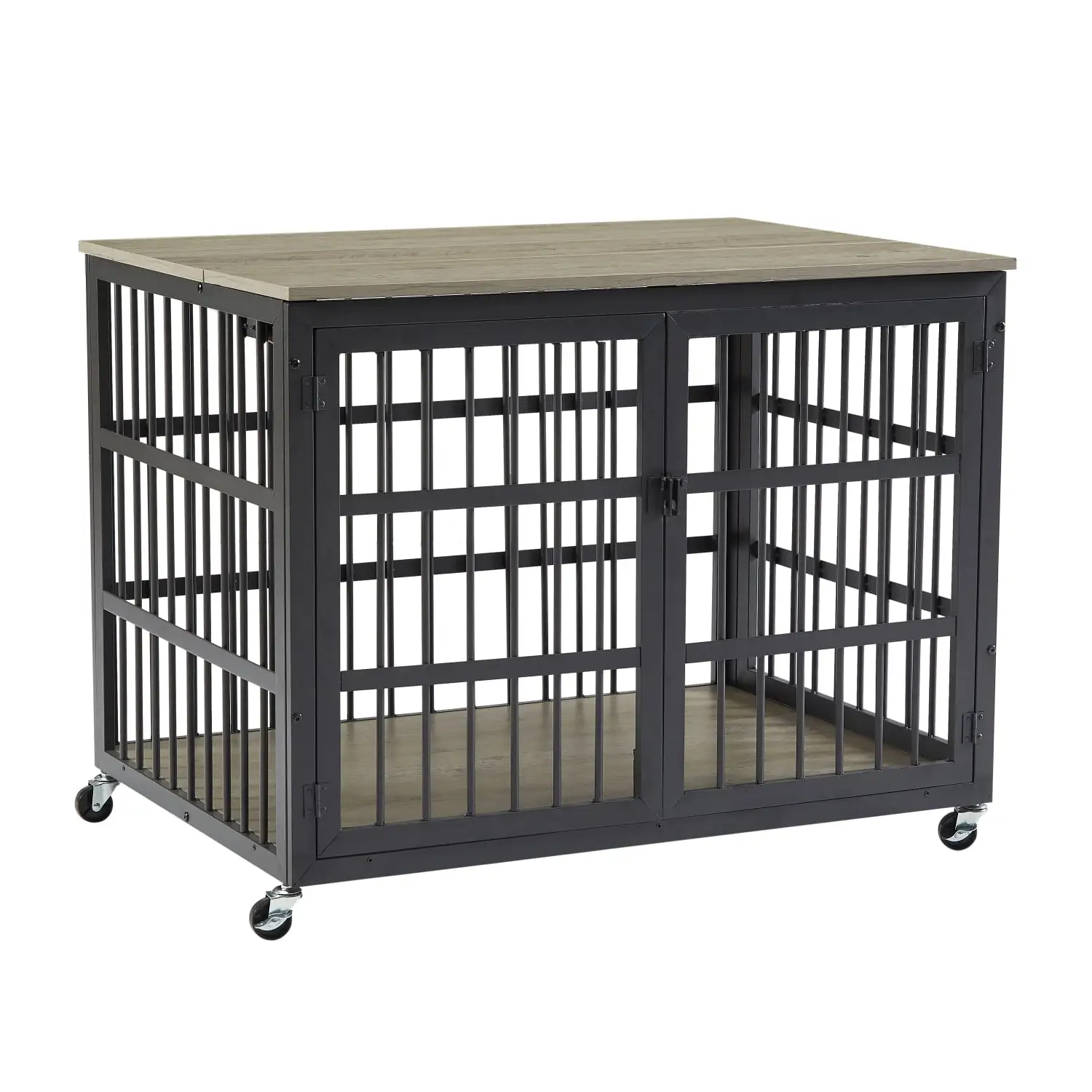 Immere 38 inch Dog Crate Furniture with Door and Side Openings. Dog House. Dog Cage Wrought Iron Frame Grey