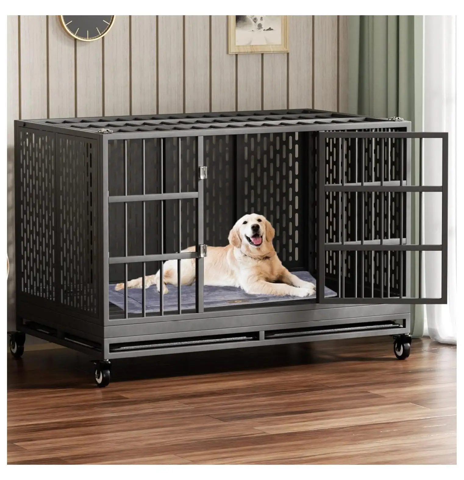 Inch Heavy Duty Dog Crate with Wheels. Folding Metal Big Dog Cage for Large and Medium Dogs. Extra Large XL XXL Indestructible Dog Crate with Removable Tray.