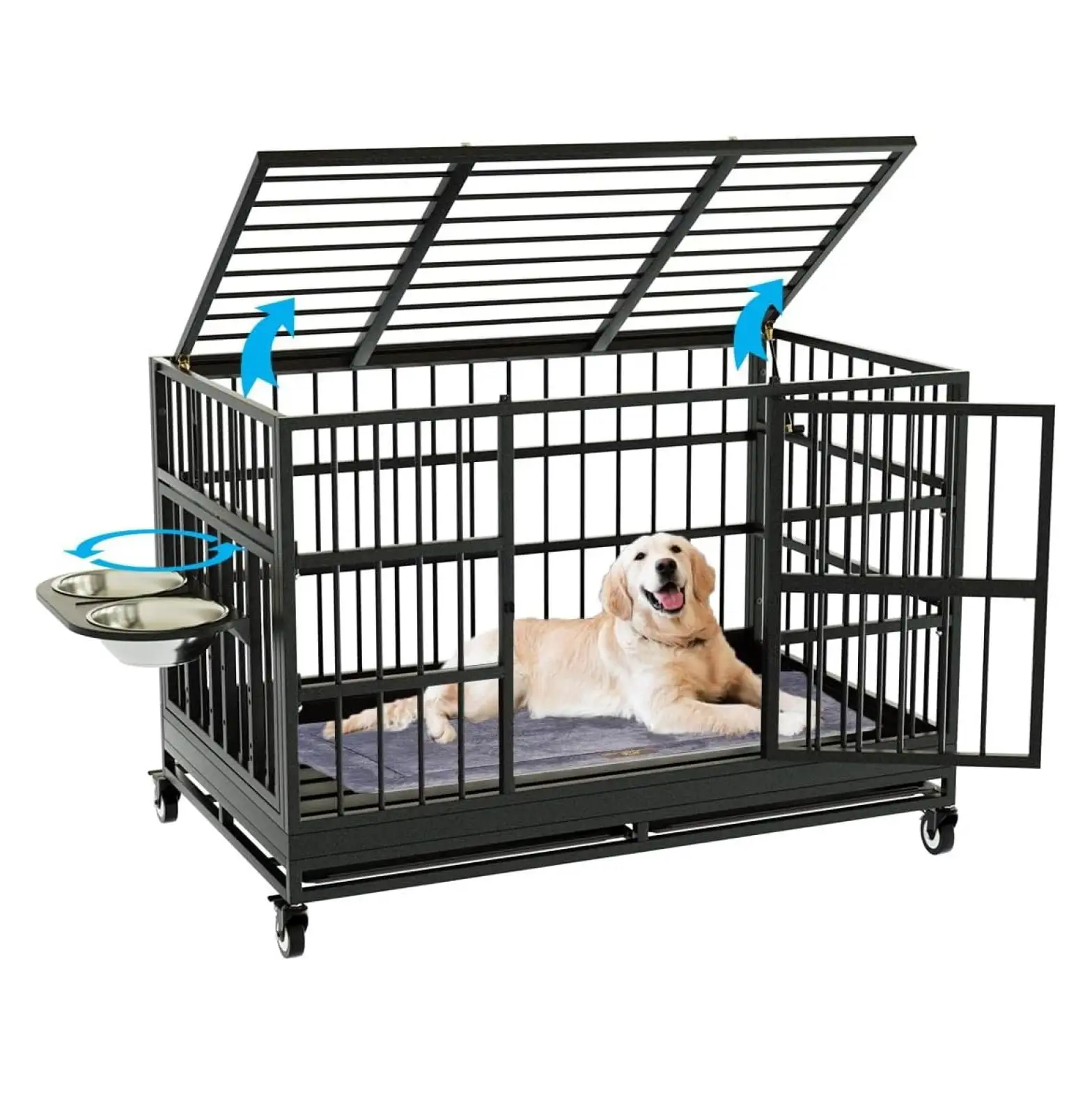 Inch Heavy Duty Dog Crate with Wheels and Unique Rod. Folding Metal Big Dog Cage for Large Dogs. Extra Large XL XXL Indestructible Dog Crate with Removable Tray.