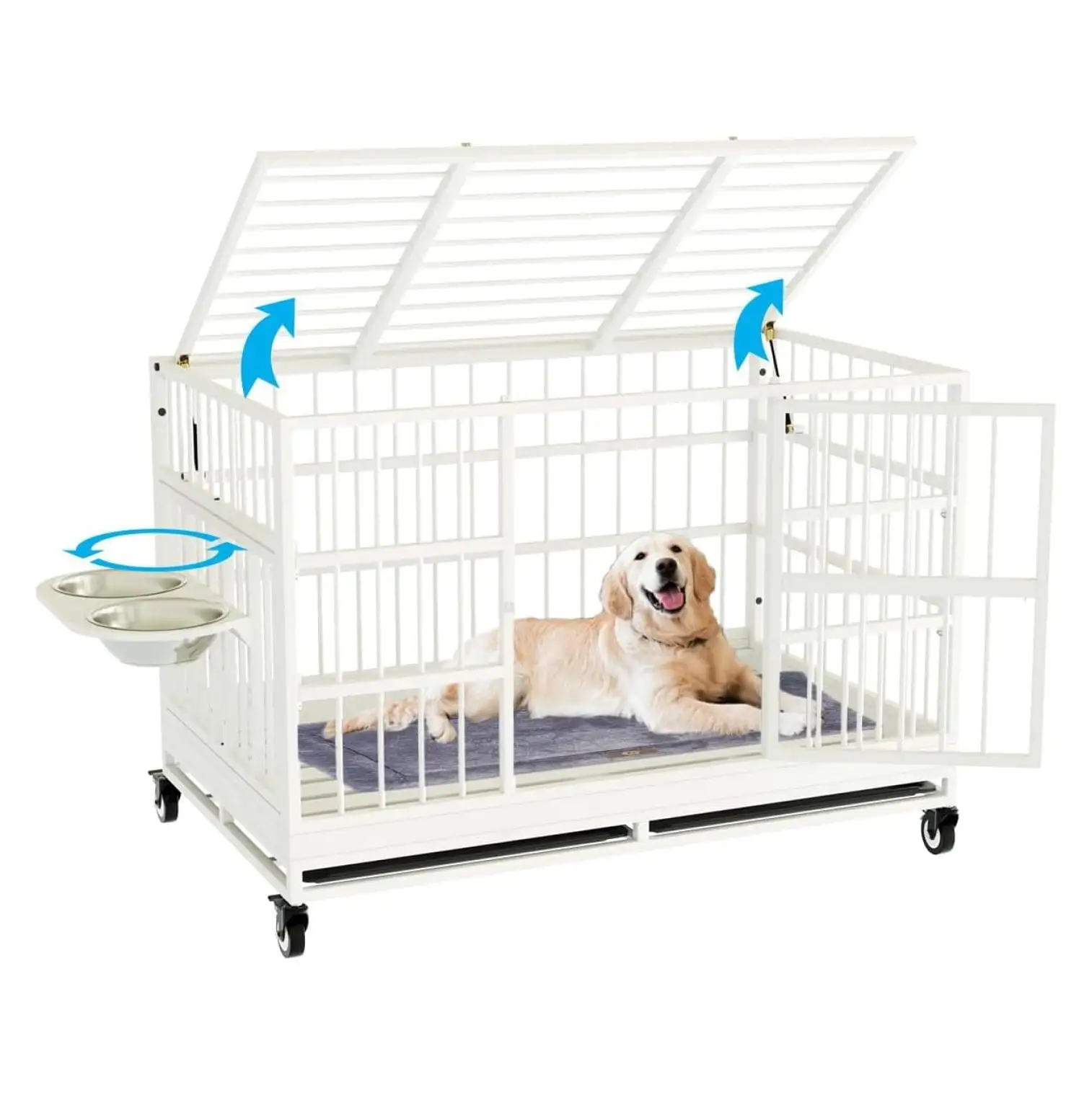 Inch Heavy Duty Dog Crate with Wheels and Unique Rod. Folding Metal Big Dog Cage for Large Dogs. Extra Large XL XXL Indestructible Dog Crate with Removable Tray.