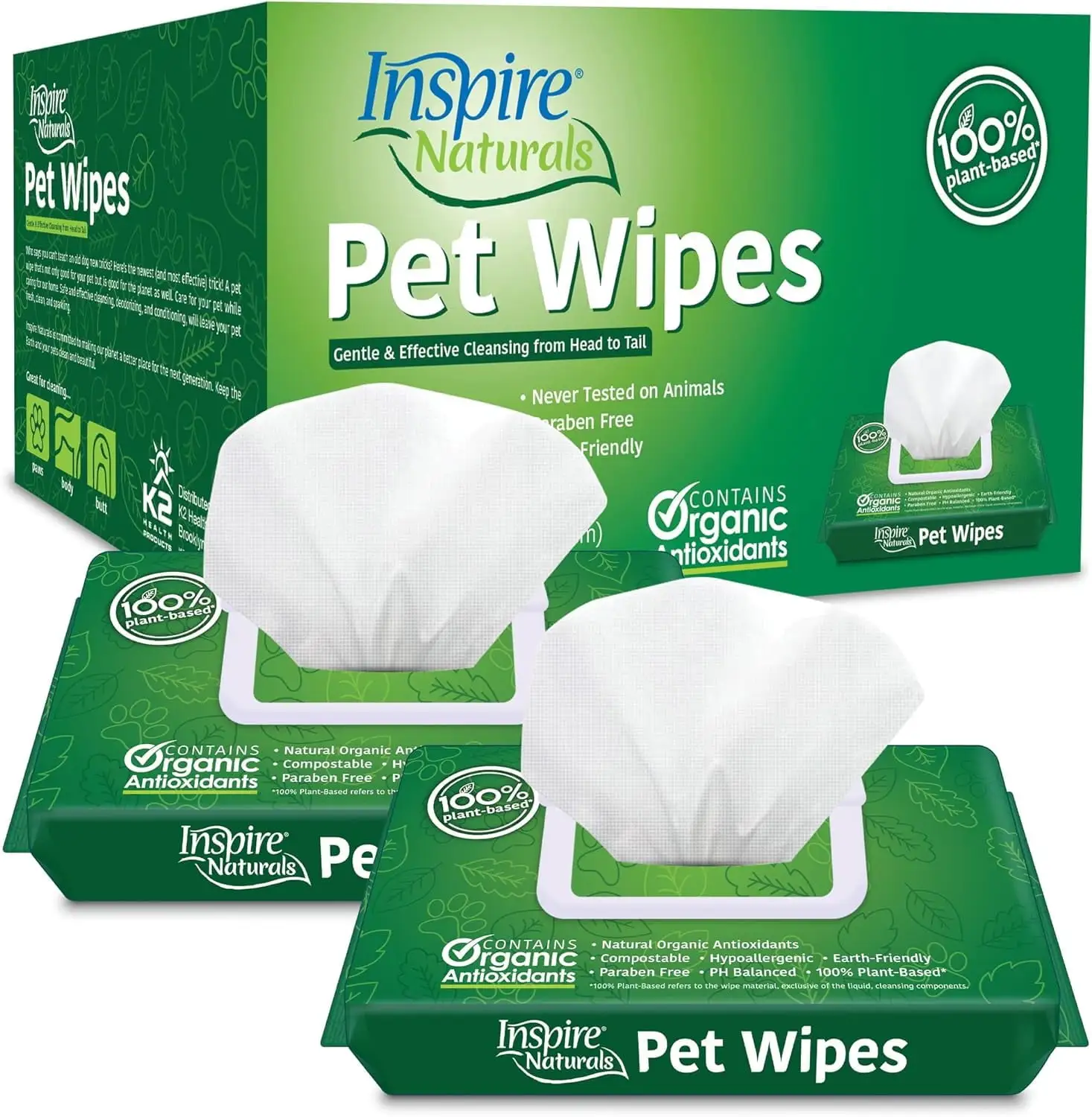 Inspire Naturals Pet Wipes For Dogs And Cats 100% Natural Plant Based with Organic Antioxidants. Dog Wipes Cleaning Deodorizing Cat Wipes | Puppy Wipes | Dog Wipes for Paws and Butt 2 Pack (100ct)