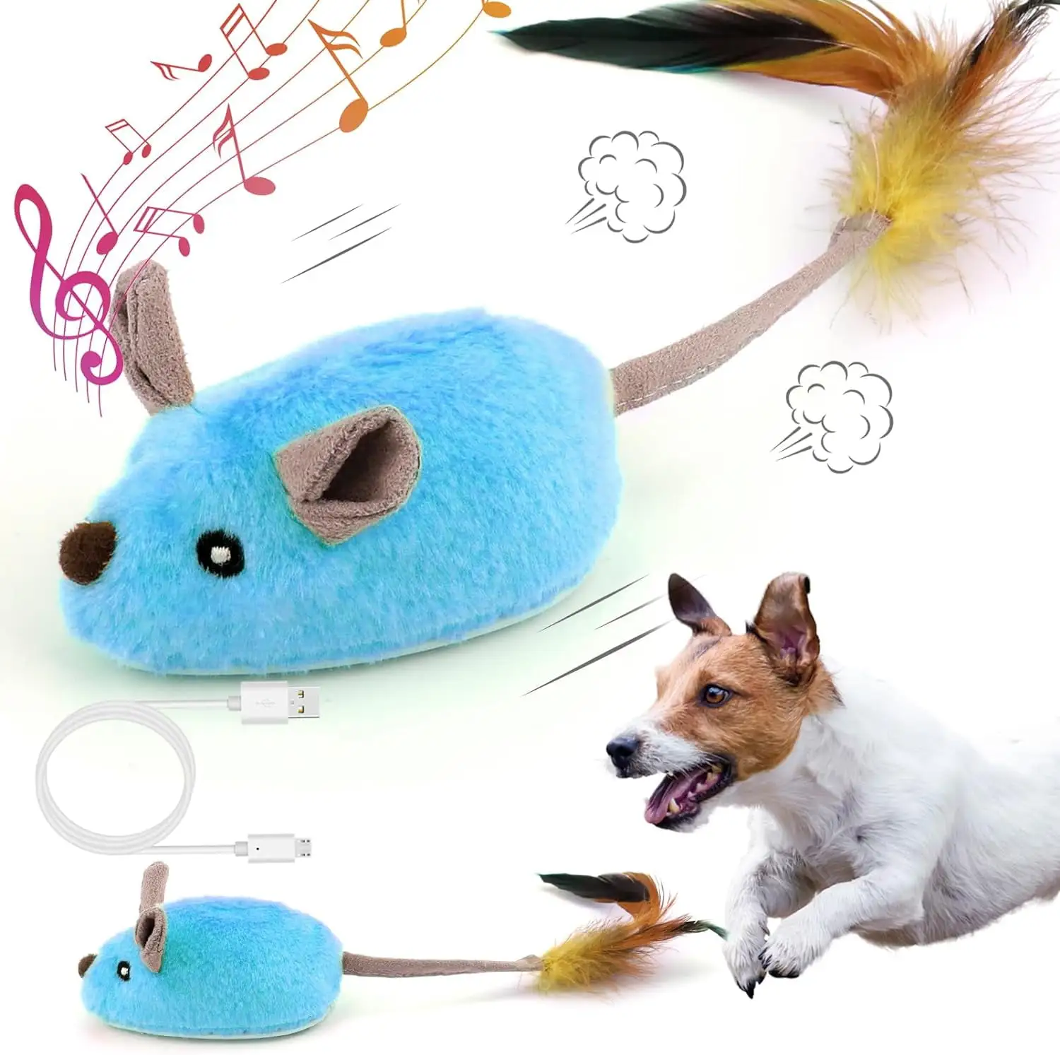 Interactive Dog Toys. Fake Mouse Moving Dog Toy with Automatic Sensor. Dog Mouse Toy with Realistic Sound & Extended Tail. Automatic Dog Toy for Cats Dogs Pet. Squeaky Dog Toys Blue