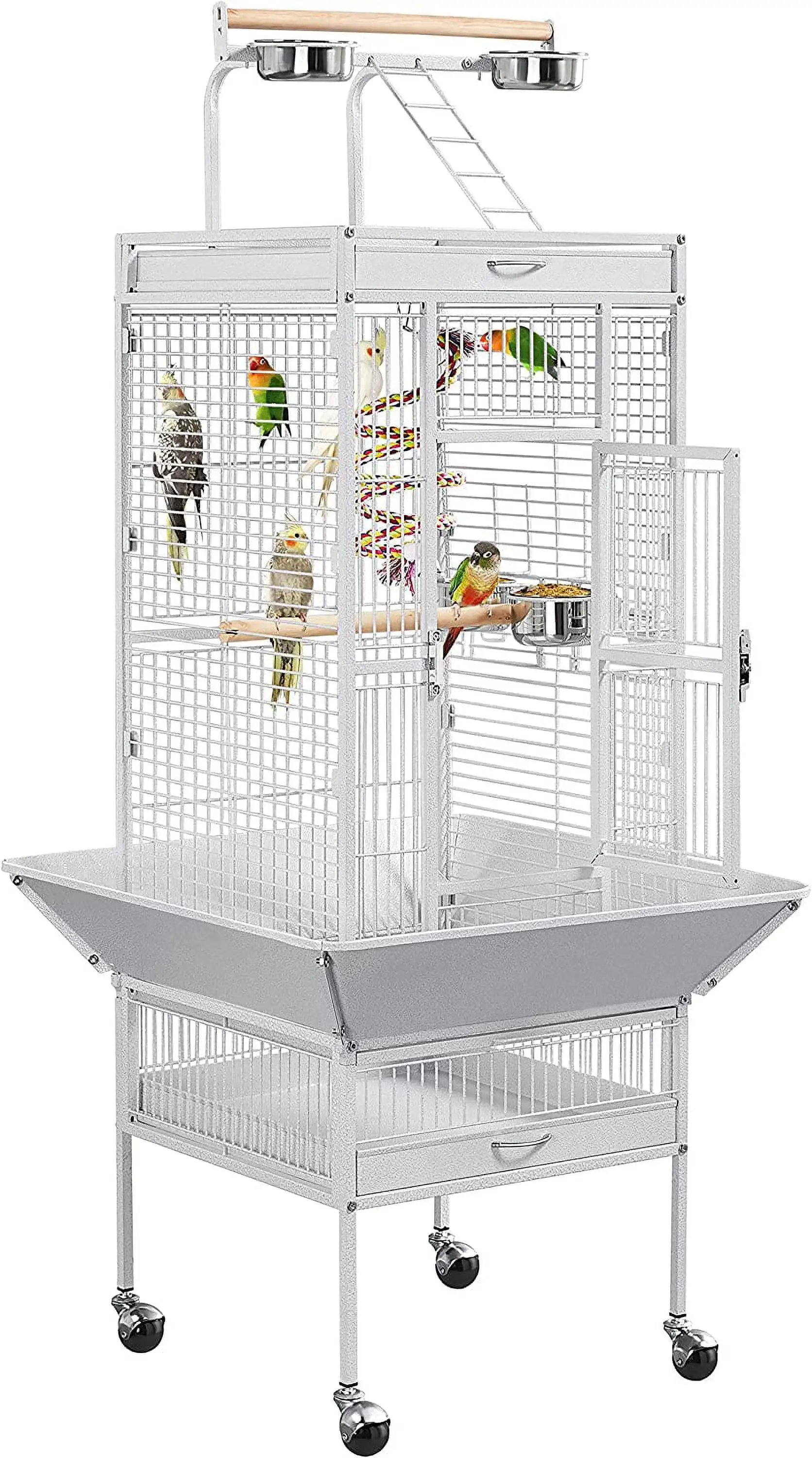 Iron Bird Cages. Play Top Large Aviary with Stand for Cockatiel Parrot Sun Parakeet Conures Lovebird Budgie Finch African Grey White. 61-inch