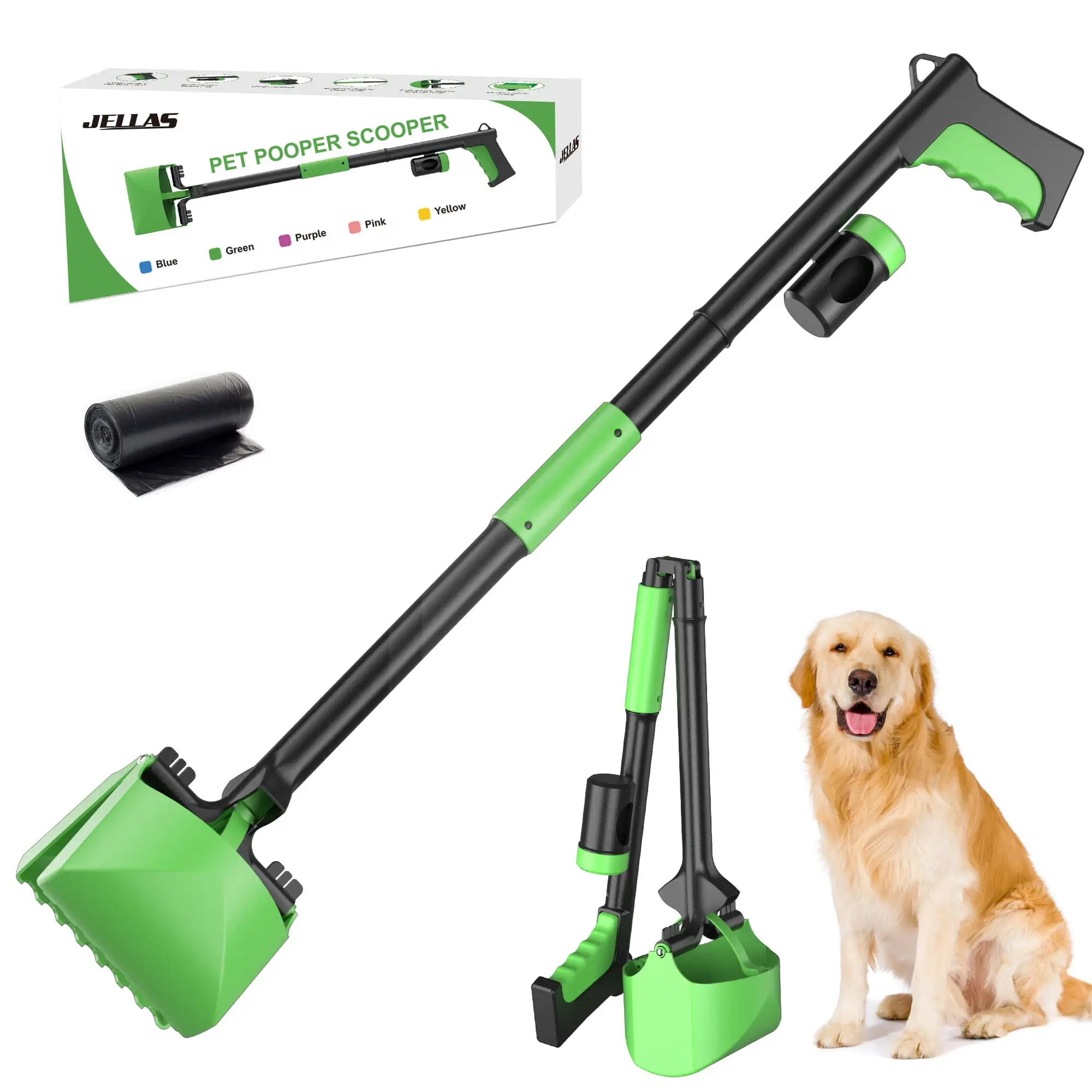 JELLAS 32 Pooper Scooper for Dogs and Cats. Portable Dog Poop Scooper. Foldable Long Handle Pooper Scooper for Large & Small Dogs with Bag and Bag Attachment