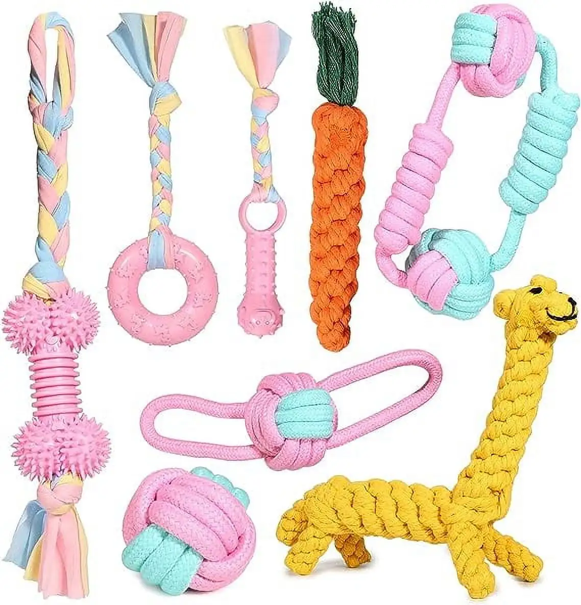 JYPS Puppy Dog Chew Toys. 8pcs Dog Toy Set Teething Training. Chewing Toys for Aggressive Chewers. Interactive Pink Dog Rope and ball Toys Gift Xmas for 8 Weeks Small Puppies. Medium and Large Dogs