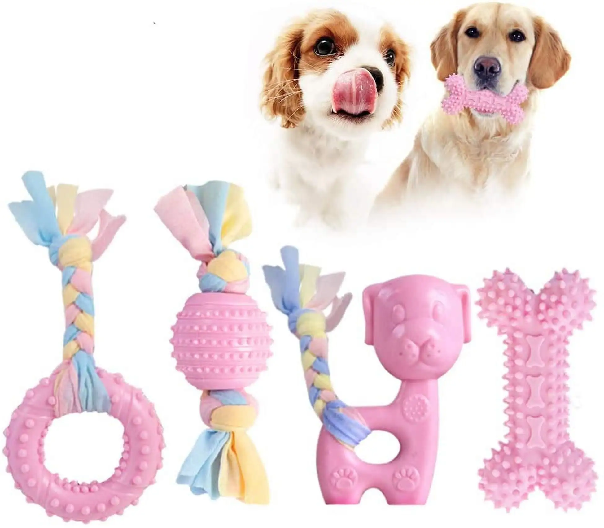 JYPS Puppy Dog Teething Toys. 4pcs Puppy Chew Toy Set with Ball and Cotton Ropes. Interactive Girls Puppy Accessories Christmas Gift Pink for 8 Weeks Small Puppies and Medium Dogs (Pink)