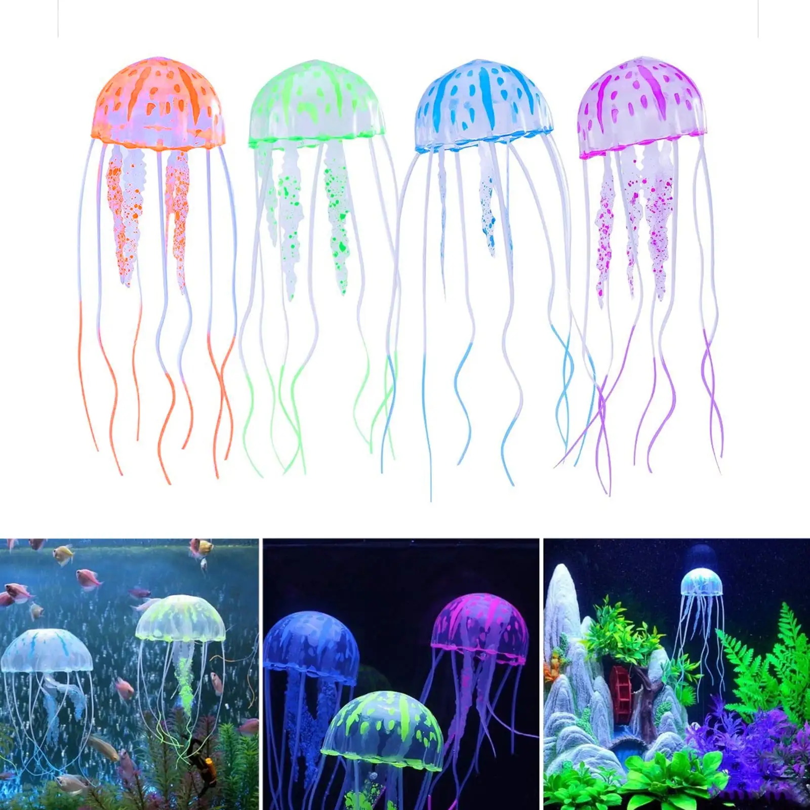 Jellyfish Aquarium Decorations. EEEkit 4pcs Glowing Effect Artificial Jellyfish Aquarium Decor Fish Tank Silicone Ornament. Instant Suction Cup Installation