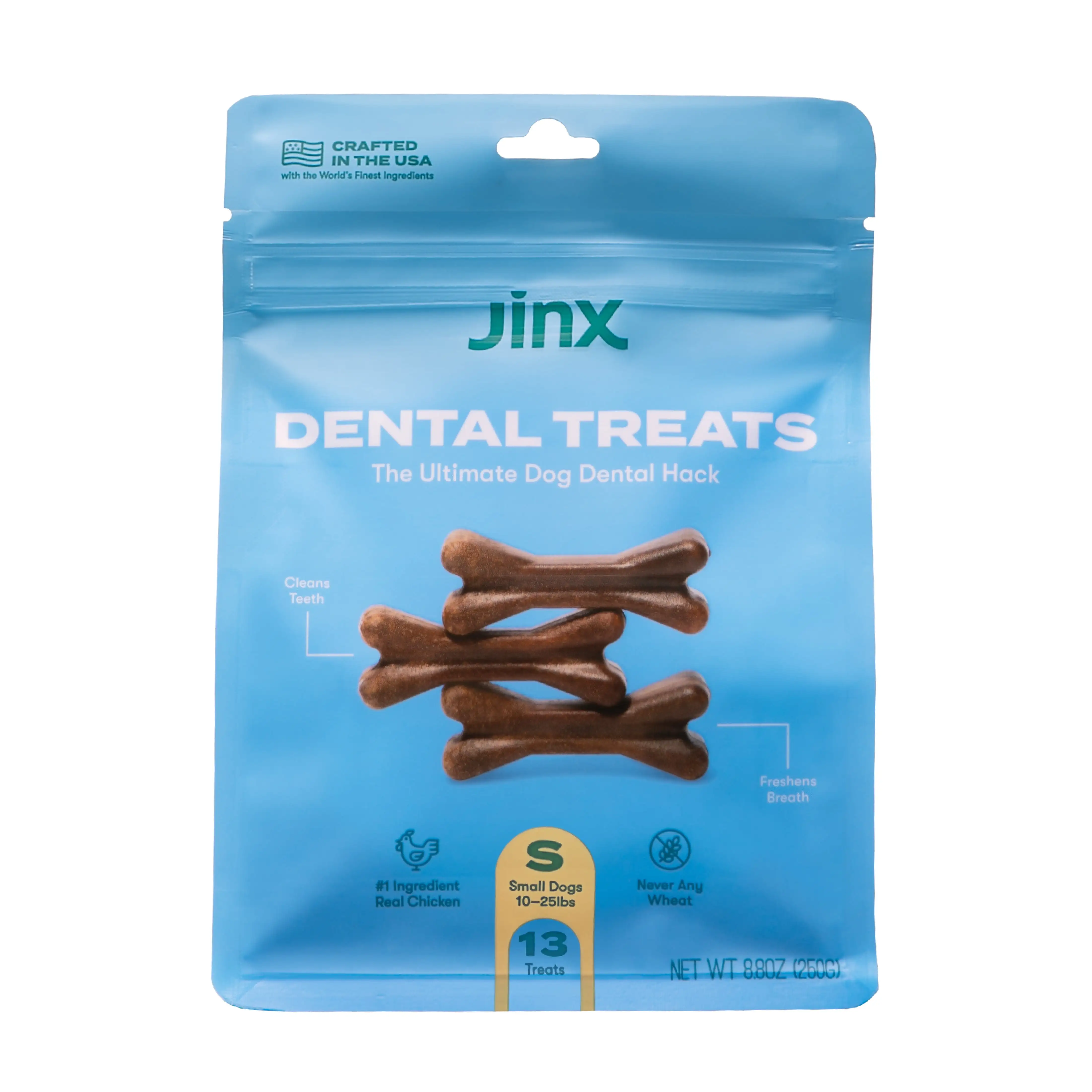 Jinx Chicken Flavor Dental Treats for Small Dogs. 8.8 oz Bag. 13 Treats