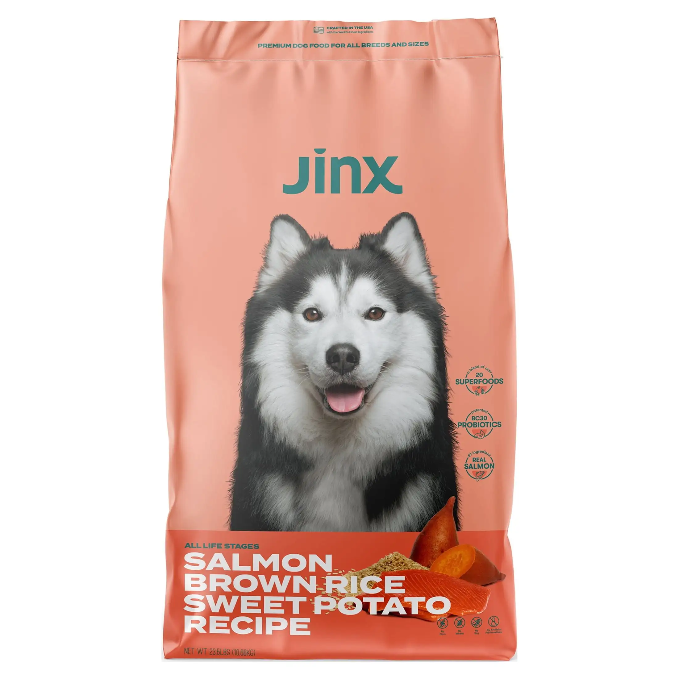 Jinx Salmon. Brown Rice & Sweet Potato Dry Dog Food. 23.5 lb. Bag