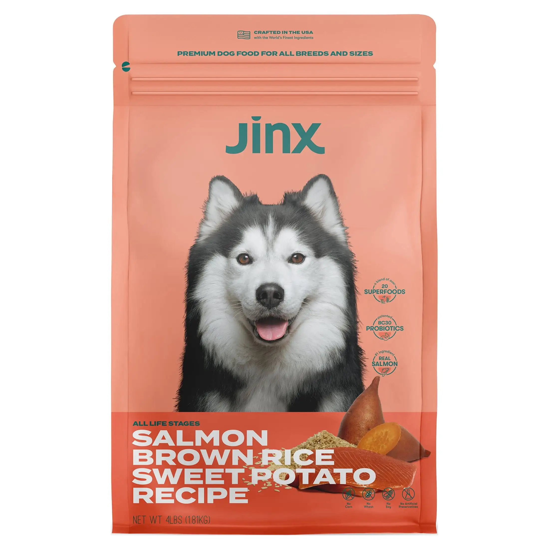 Jinx Salmon. Brown Rice & Sweet Potato Dry Dog Food. 4 lb. Bag