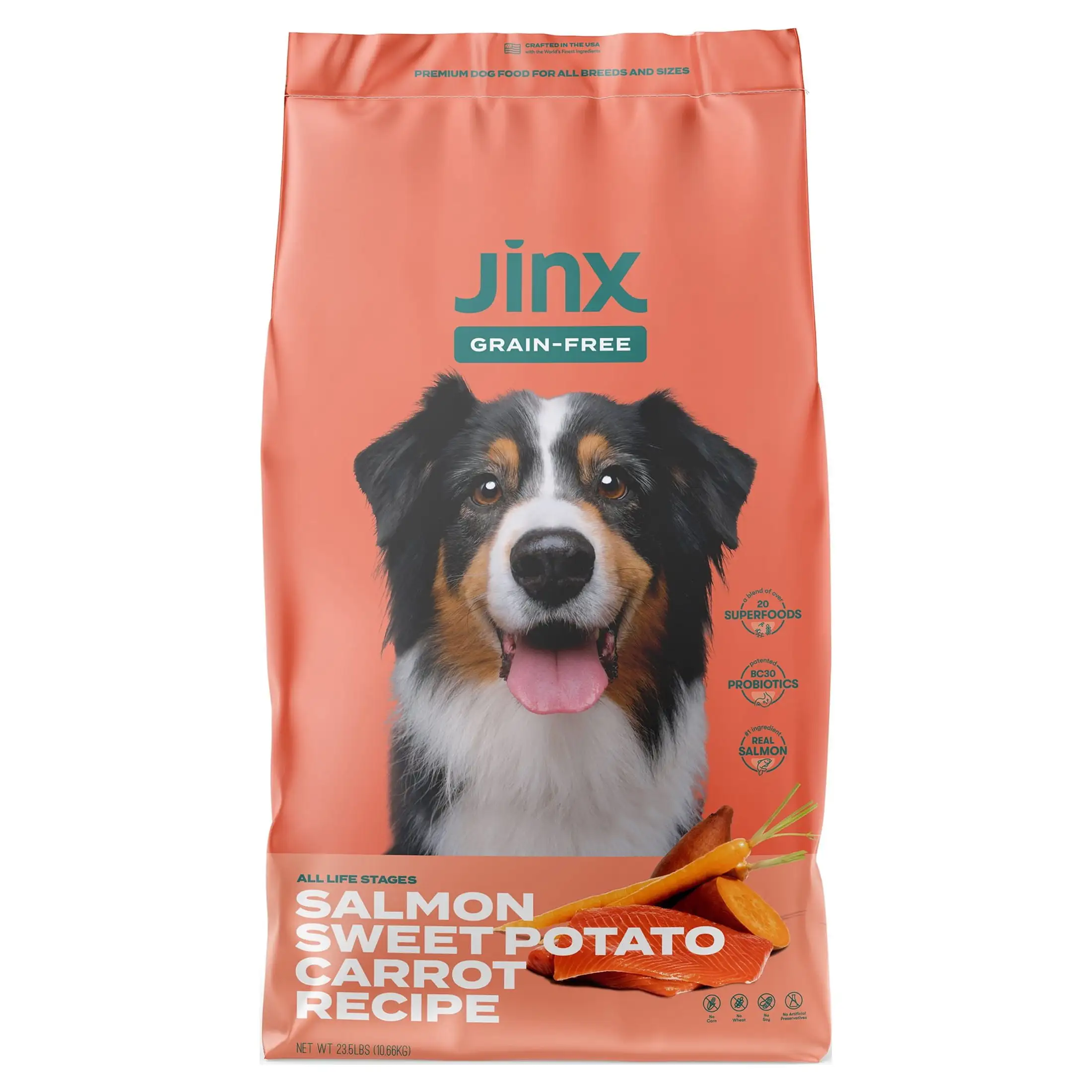 Jinx Salmon. Sweet Potato & Carrot Dry Dog Food. Grain Free. 23.5 lb. Bag