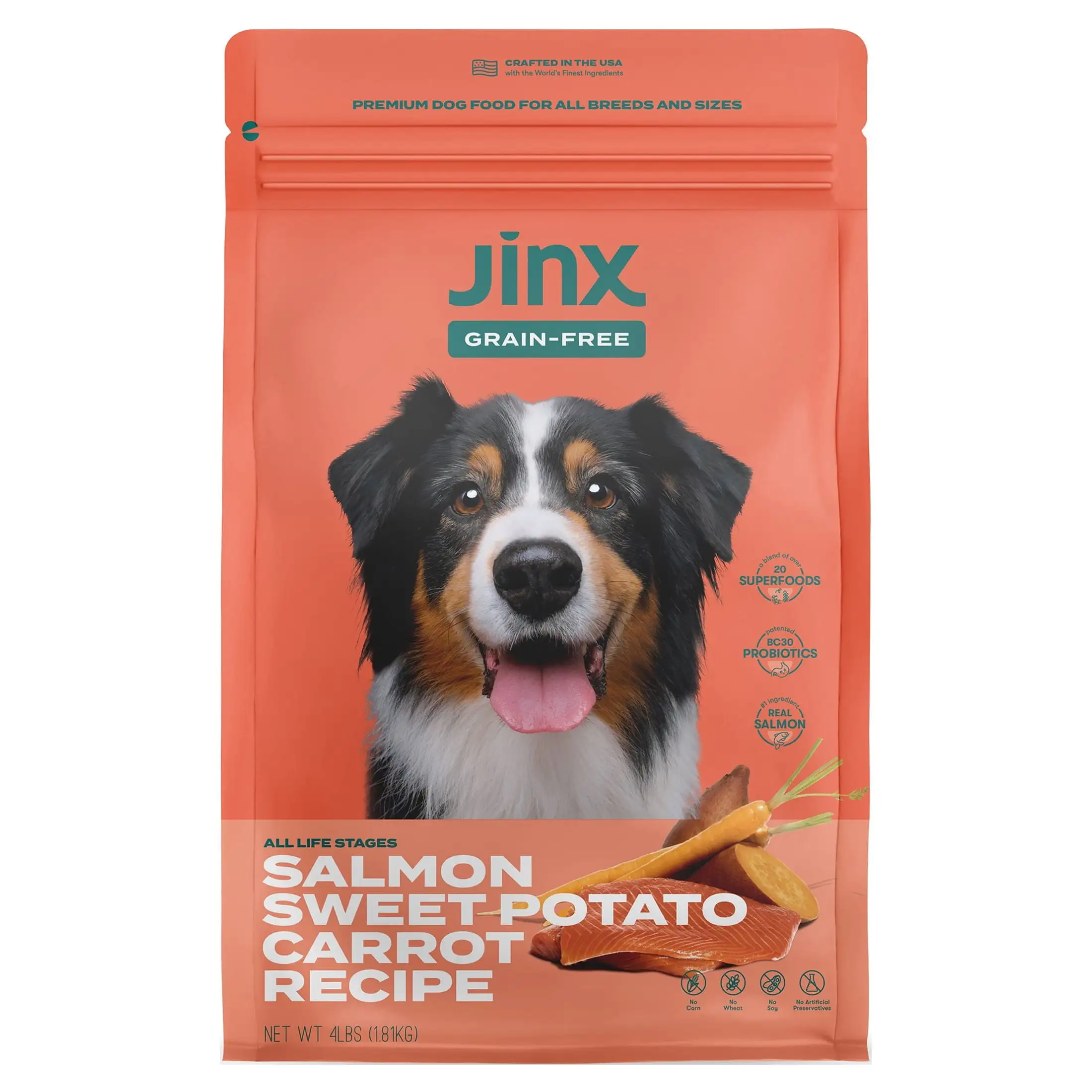 Jinx Salmon. Sweet Potato & Carrot Dry Dog Food. Grain Free. 4 lb. Bag