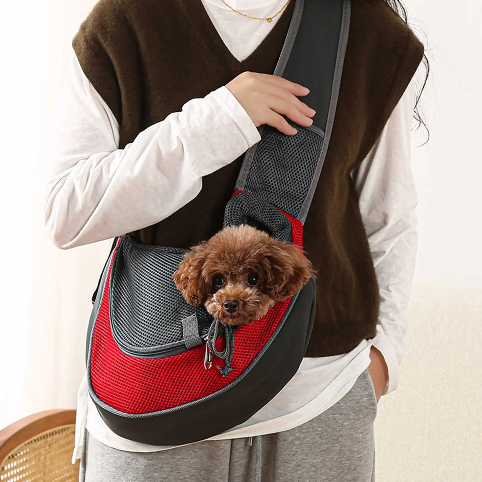 Jioakfa Small Pet Dog Sling Carrier. Breathable Mesh Travelling Pet Hands-Free Sling Bag Adjustabled Padded Strap Front Pouch Single Shoulder Bag For Dogs Cats Red