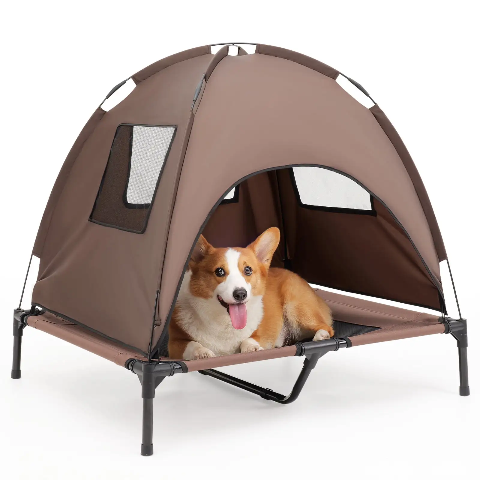 Joytale Elevated Dog Bed with Shade Canopy. Outdoor Dog Beds for Dogs Camping. 34.5in. Brown