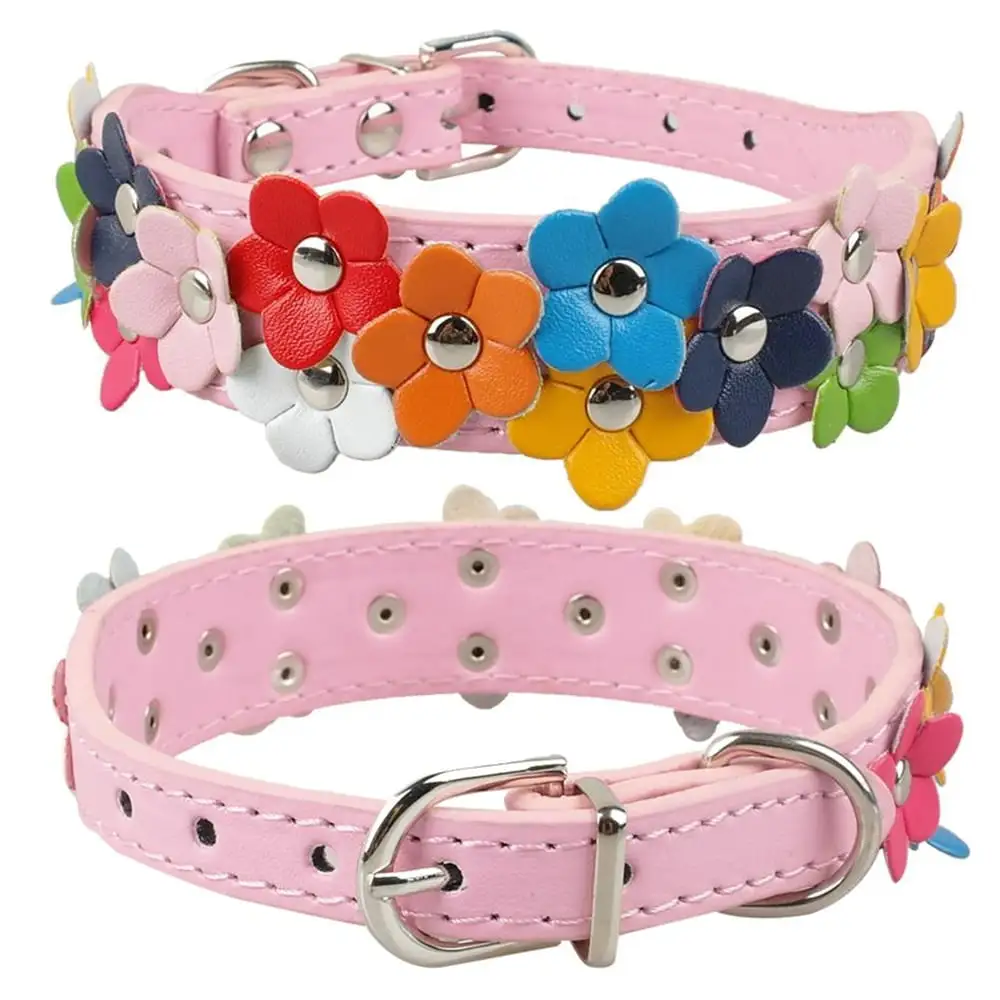 Jpetyy Flower Cute Leather Studded Necklaces Pet Dog Collars For Small Medium Dogs Chihuahua