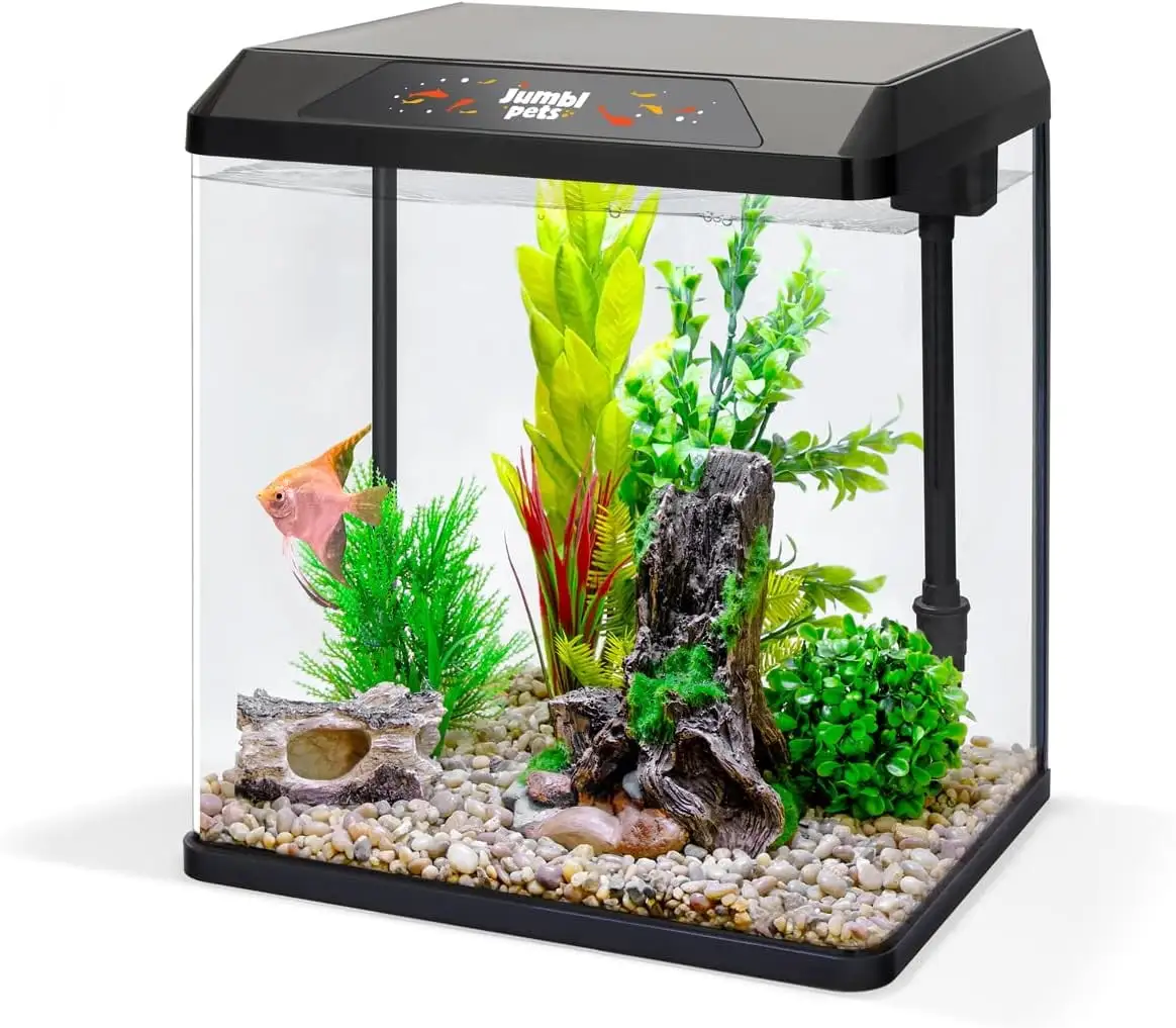 JumblPets Starter Fish Aquarium Kit. Beginner Glass Fish Tank Kit w/LED Lighting & More (2 Gallon)