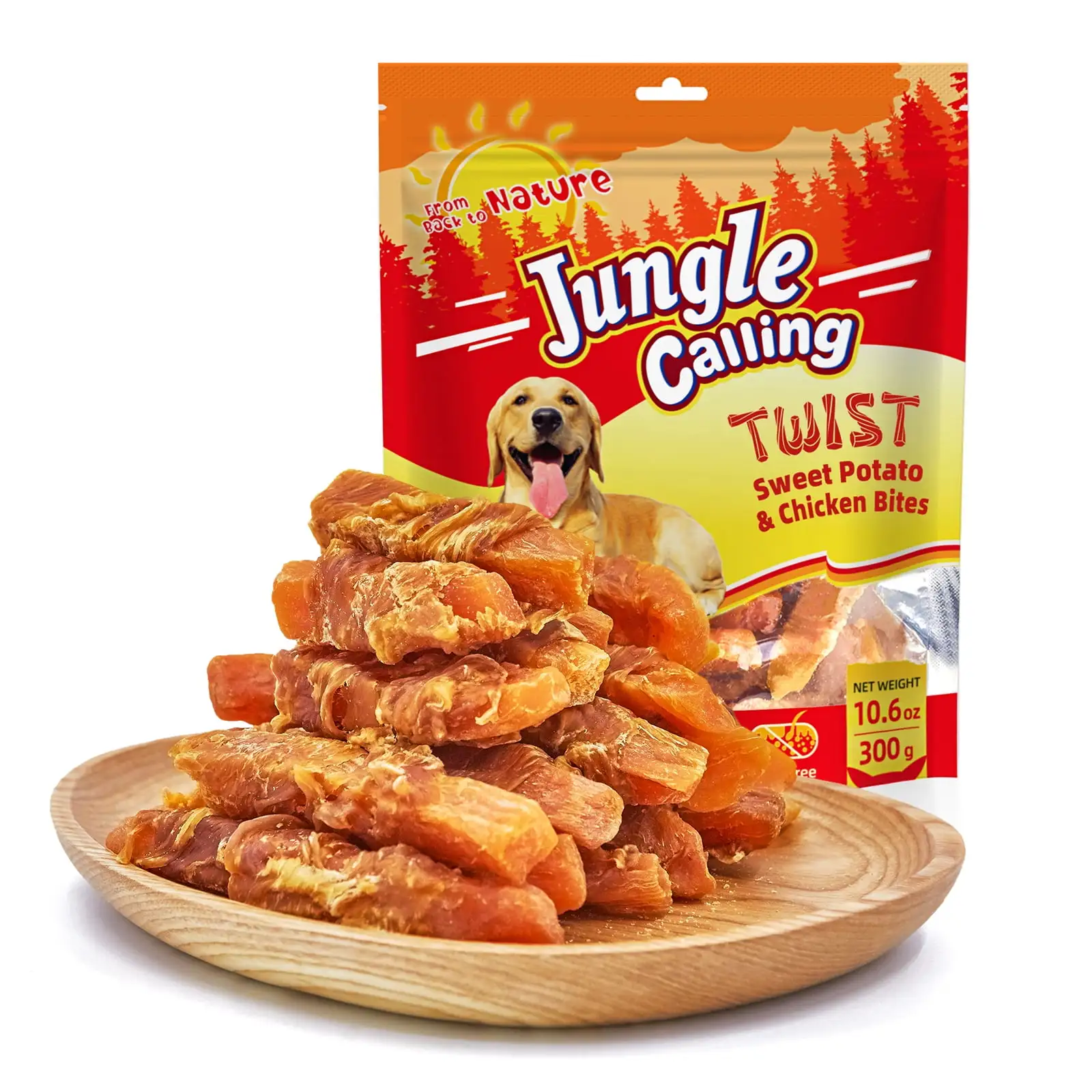 Jungle Calling Dog Treats. Skinless Chicken Wrapped Sweet Potato. Gluten and Grain Free. Chewy Dog Bites for Balanced Nutrition. 10.6 oz