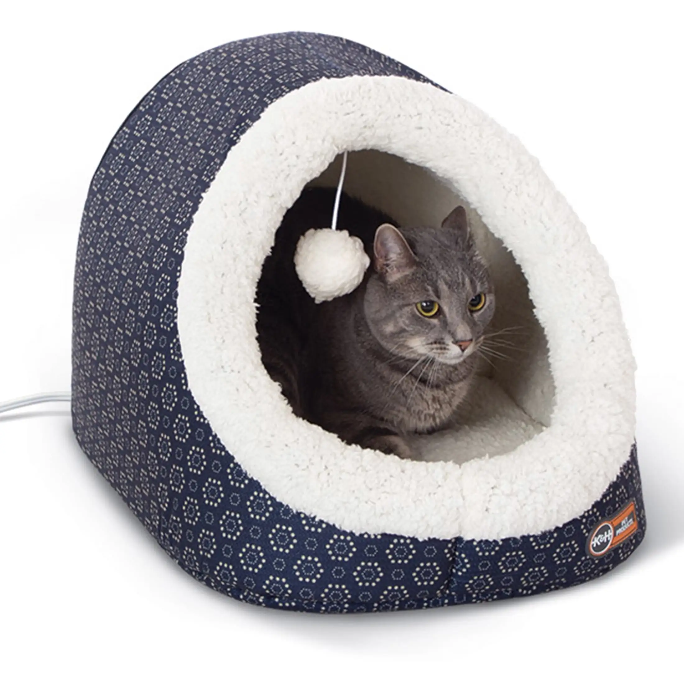 K&H Pet Products Thermo-Pet Cave Cat Bed Heated Navy/Geo Flower 17 X 15 X 13 Inches