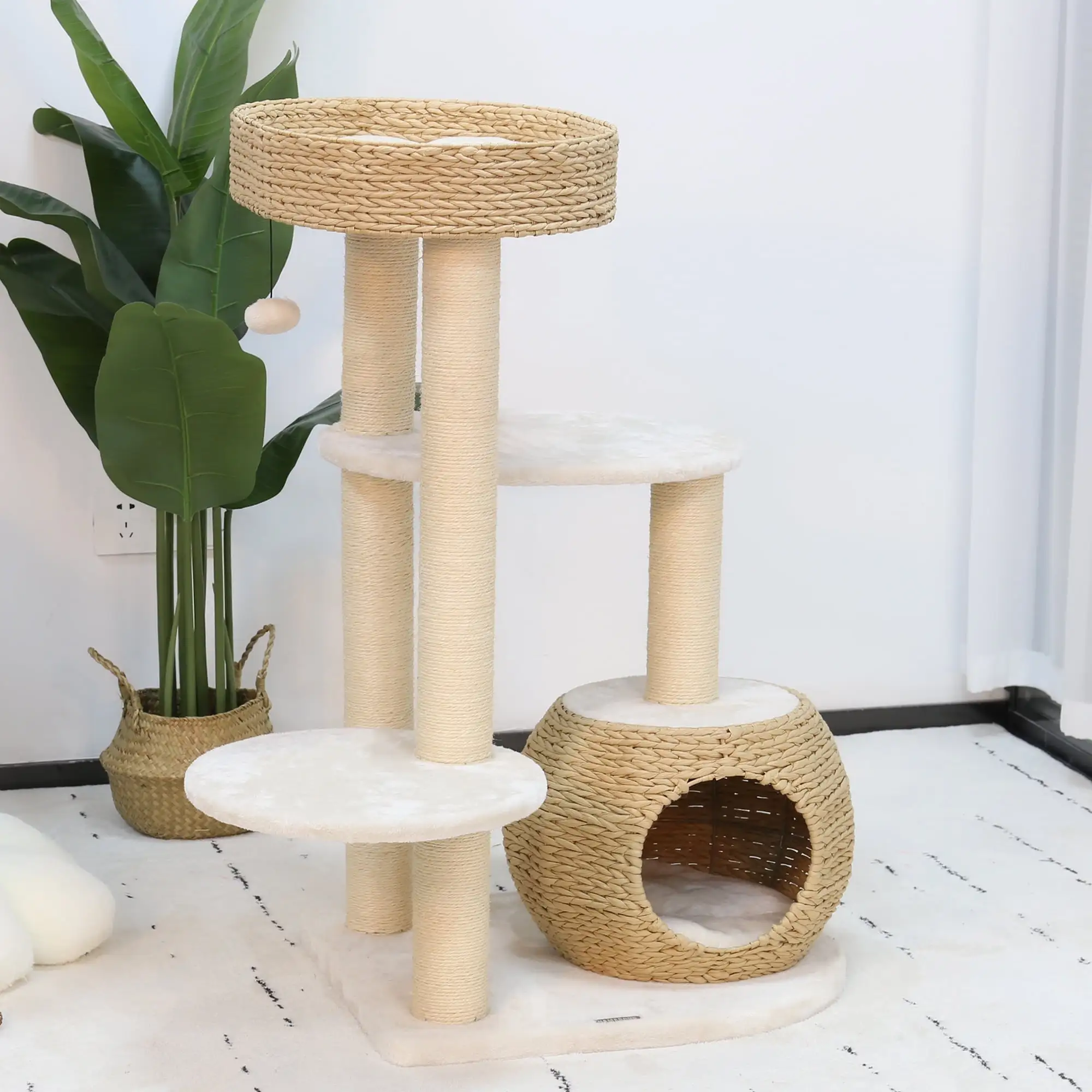 KAMABOKO 39 Hand-Woven Cat Tree with Condo & Top Perch. 4 Level Cat Tree. Beige