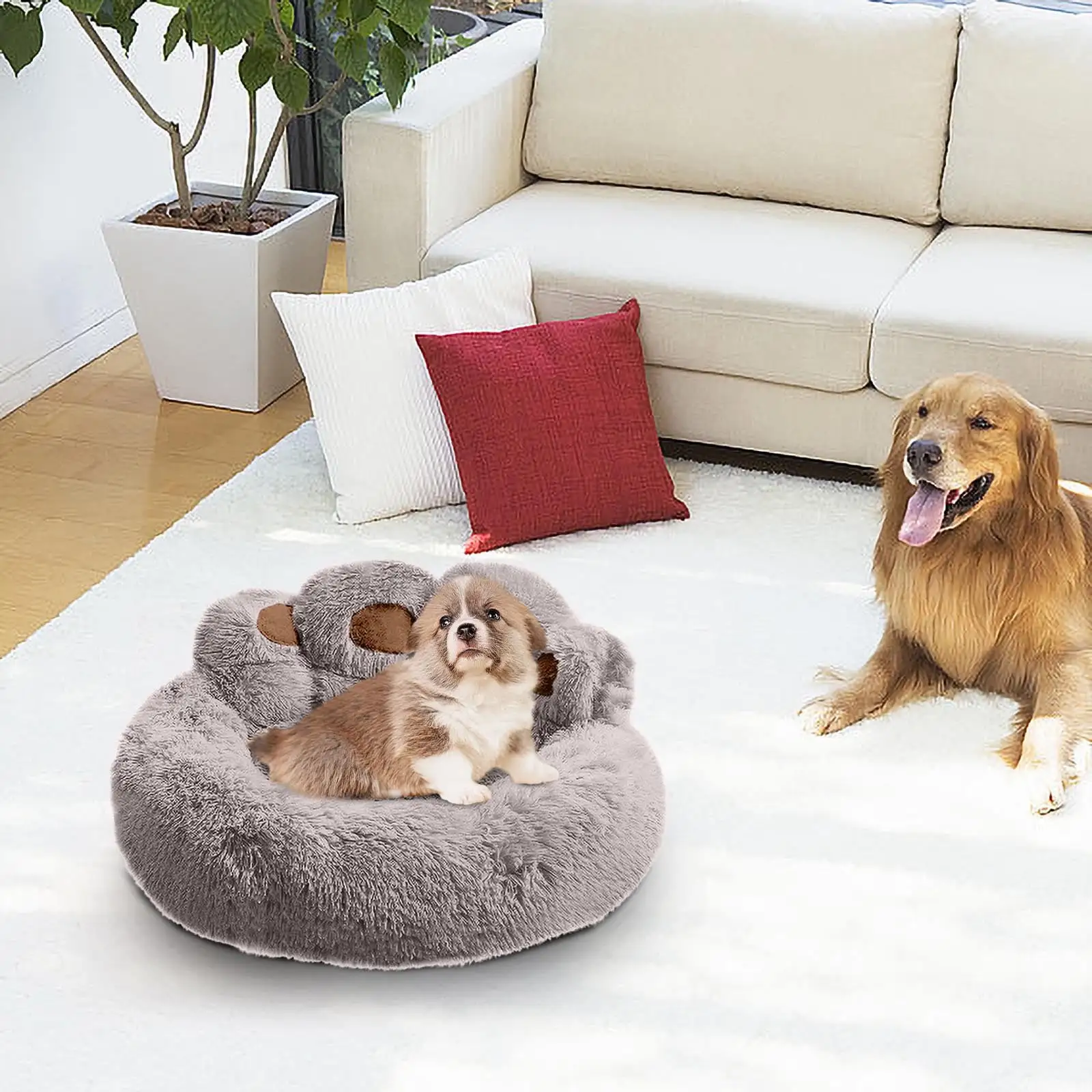 KIHOUT Bear Paw Shape Small Pet Round Bed. Calming Donut Dog Bed Anti Anxiety for Sleeping. Self Warm Faux Fur Cat Bed Long Plush Pet Sofa. Machine Washable