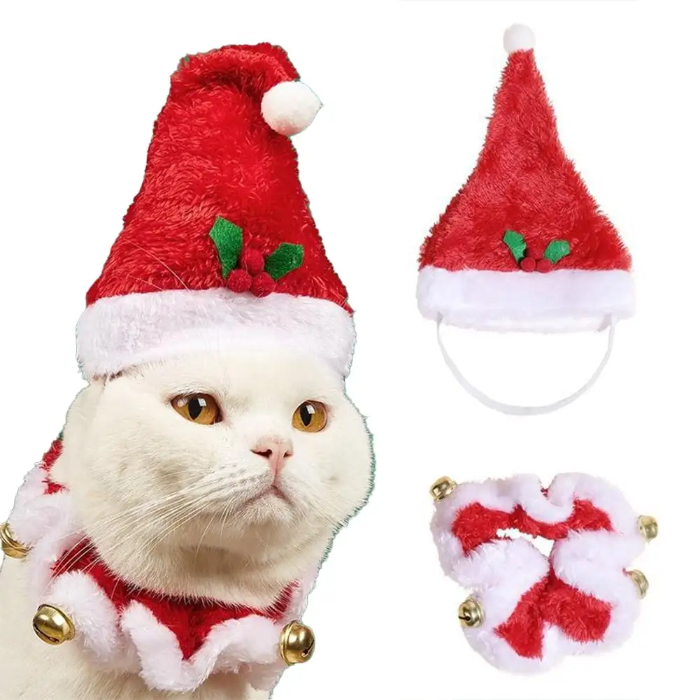 KYAIGUO Christmas Santa Hat with Collar Outfits Cat Dog Christmas Outfit Christmas Costume Decoration Accessories Christmas Hats with Bell Scarffor Small Medium Dogs Cats