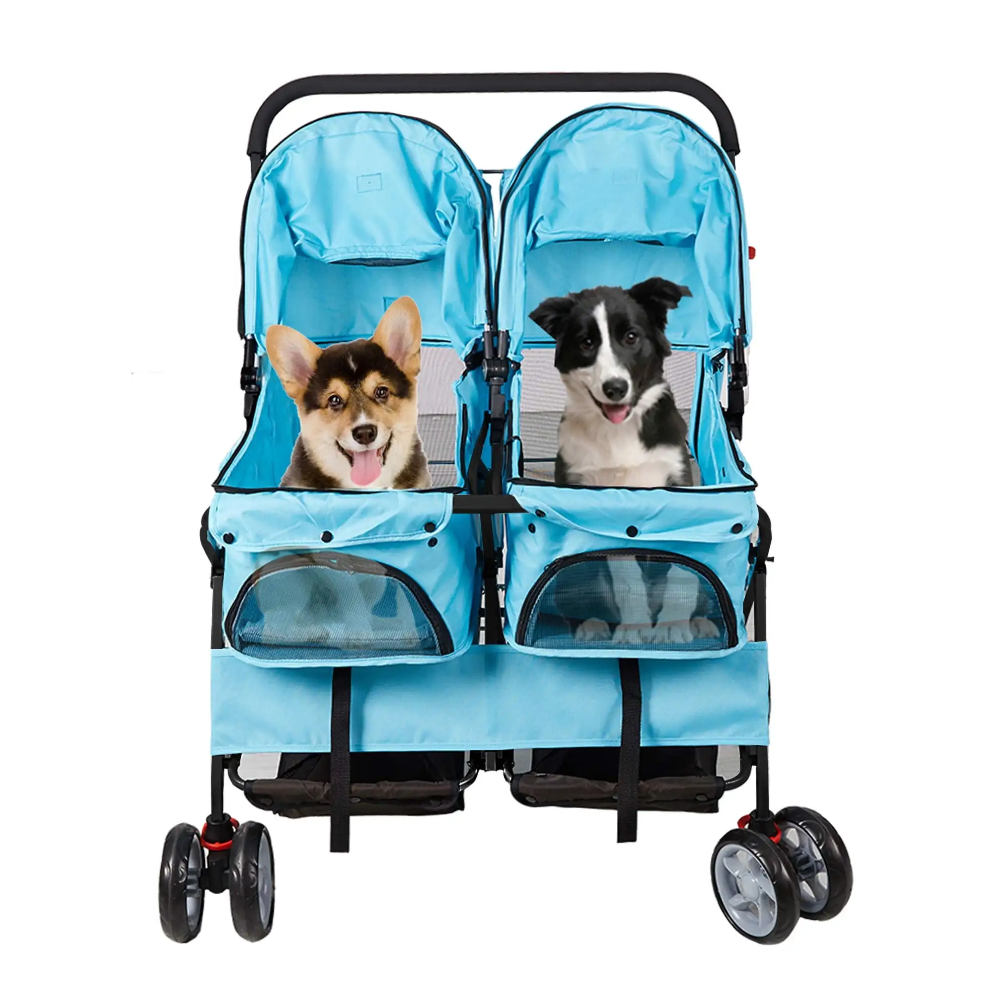 Karmas Product Double Pet Stroller Foldable Doggy Stroller Two-Seater Carrier Strolling Cart for Dog Cat. Blue