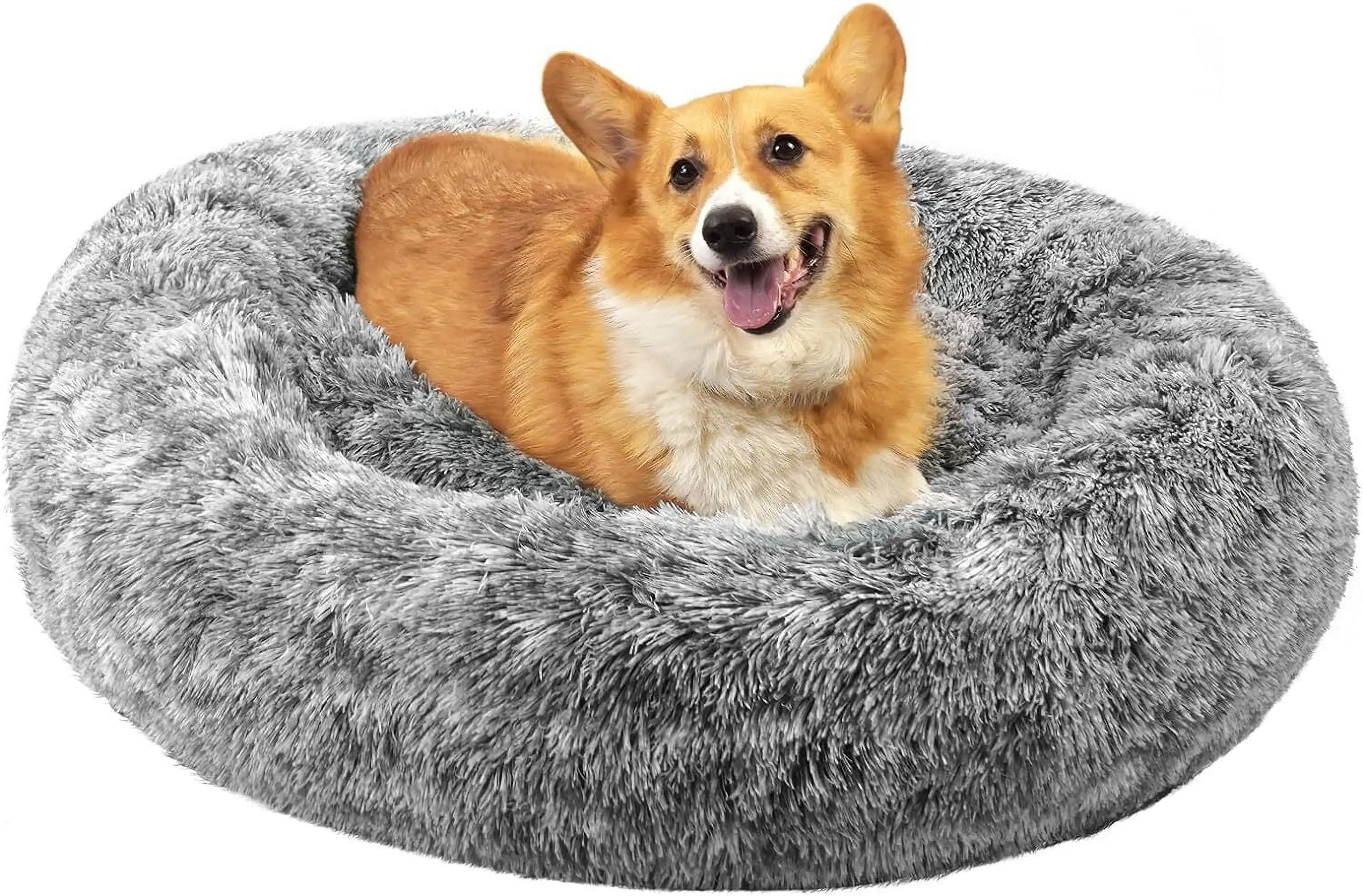 Katinyos Calming Dog Bed for Medium Dogs. 32 inches Donut Dog Bed with Slip-Resistant Bottom. Machine Washable Pet Bed for Dogs & Cats. Fluffy Plush Faux Fur Dog Anxiety Bed Fits up to 45 lbs