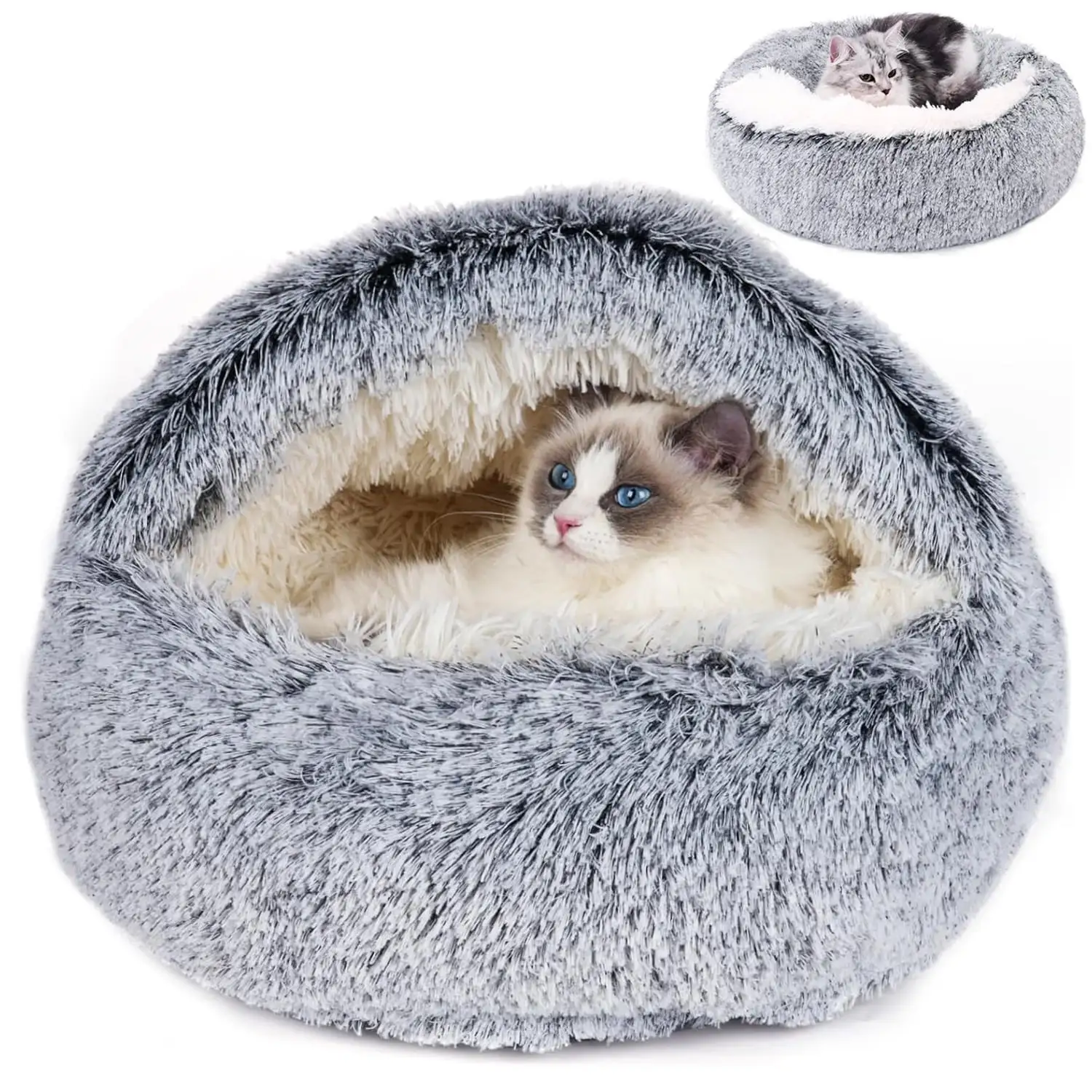 Katinyos Cat Bed & Dog Bed with Cover Cave. Machine Washable Cozy Cat Cave Bed. Pet Bed with Anti-Slip & Waterproof Bottom. Round Plush Fluffy Cave Cat Beds for Improved Sleep-20inch