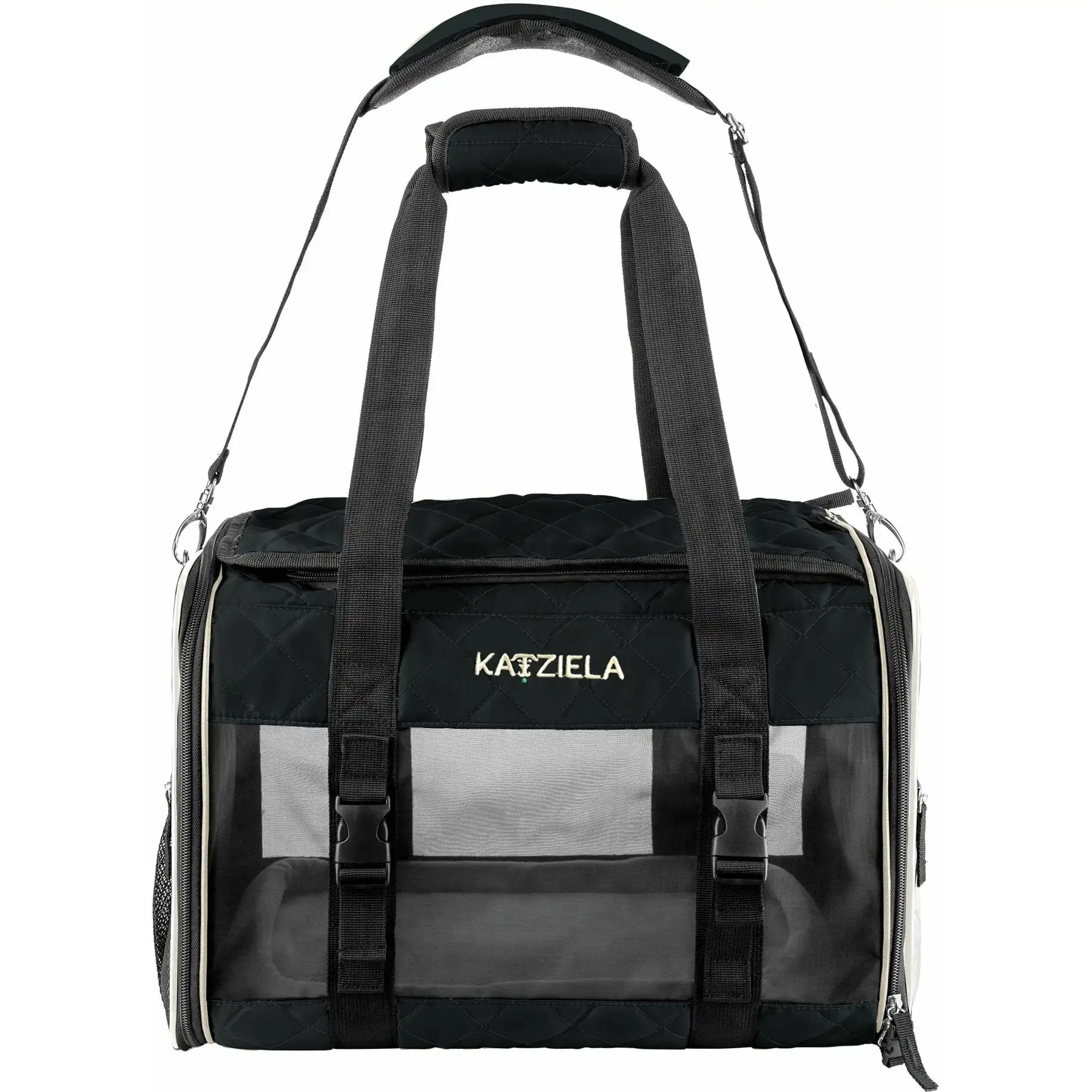 Katziela Quilted Companion Pet Carrier - Comfortable - Airline Approved (Black) (Medium)